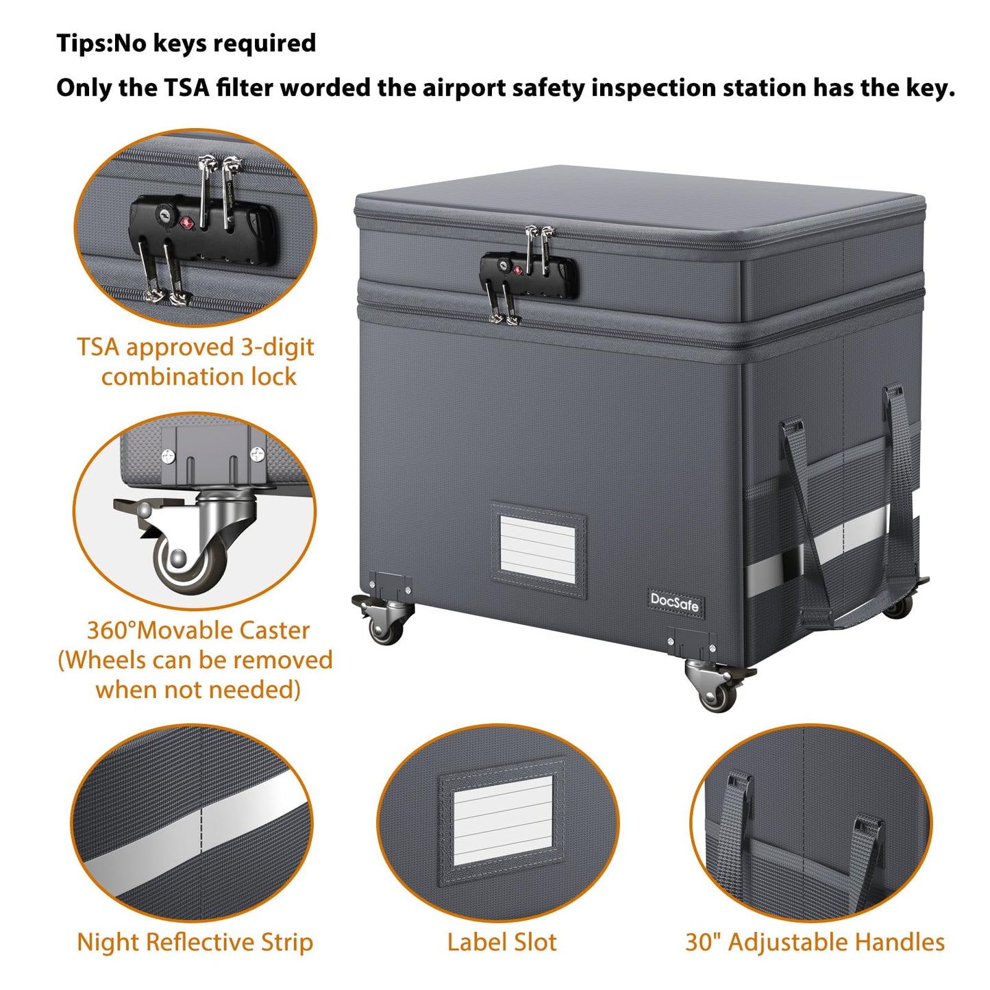 DocSafe Fireproof Document Box with Lock,2-Layer File Box with Wheels,Collapsible File Storage Organizer with Pockets,Large Portable Office Filing Cabinet for Hanging Folders,Gray,16''x13.8''x12.2''