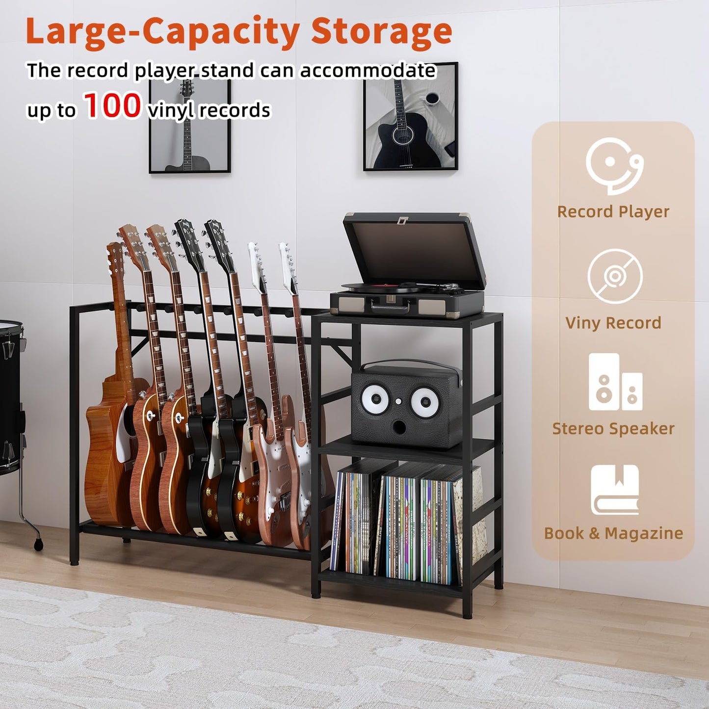 ZHNSYDN Guitar Stand with Record Player Stand, Guitar Rack with Record Player Table, Guitar Holder 7 Space for Multiple Guitars, Bass, Acoustic, Guitar Display for Home Music Studio, Black