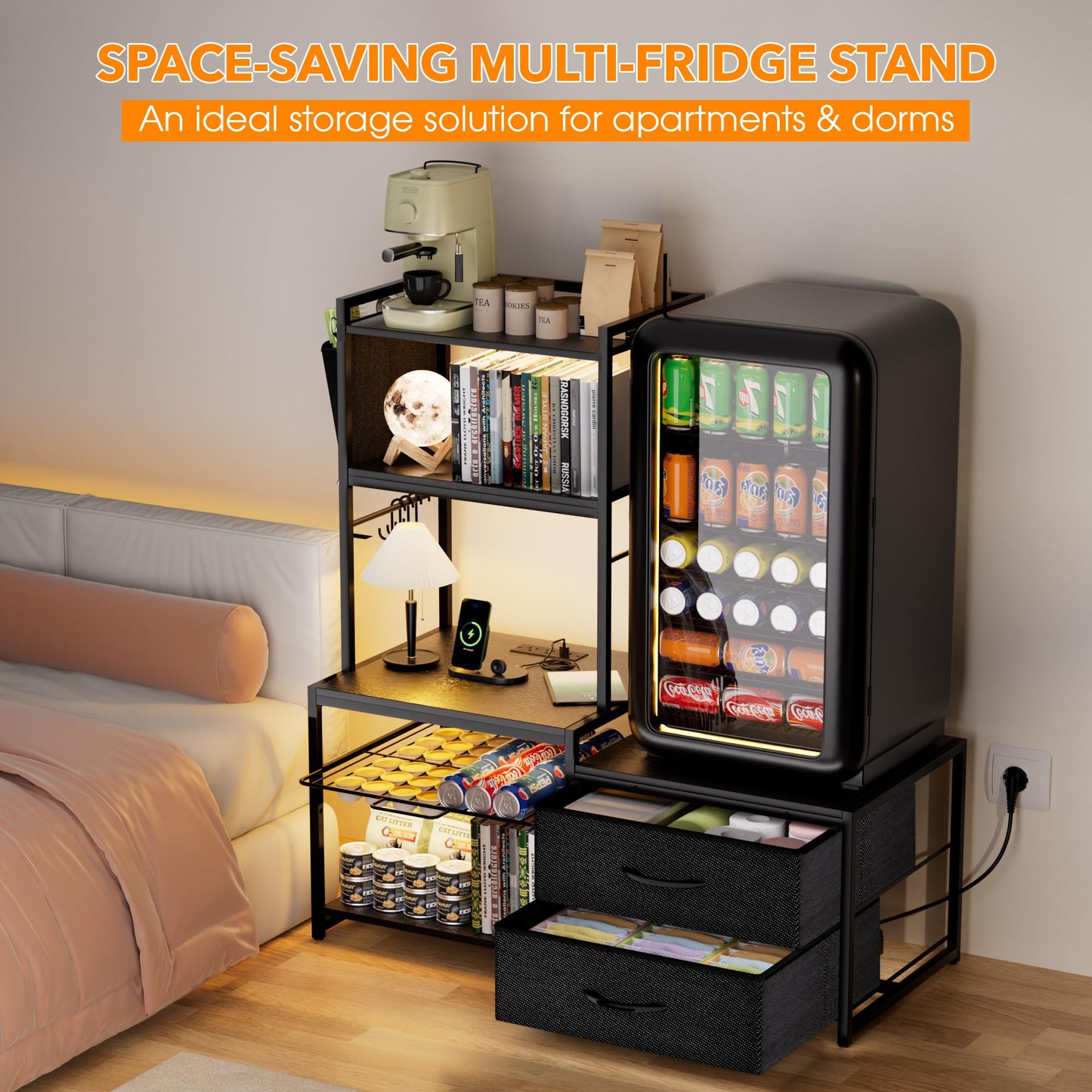 POZILAN 47" Adjustable Mini Fridge Stand with Storage, 5-Tier Mini Fridge Shelf with Power Outlet, Sturdy Coffee Bar Station with Pod Storage, Microwave Stand for Dorm, Office, Kitchen, Black
