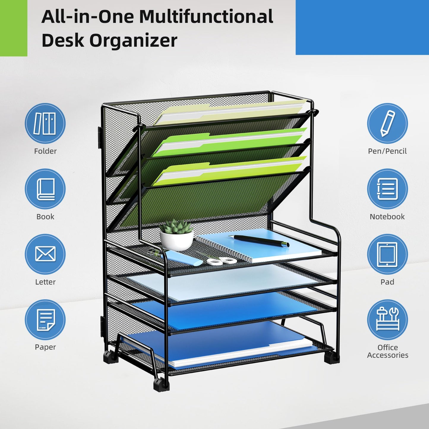 MINDEPOT 4-Tier Paper Organizer + 3-Pocket File Holder + Drawer + Pen Holders, Desktop File Organizers Paper Tray for Office Supplies School Classroom Organization (Black, No Drawer & Pen Holder)