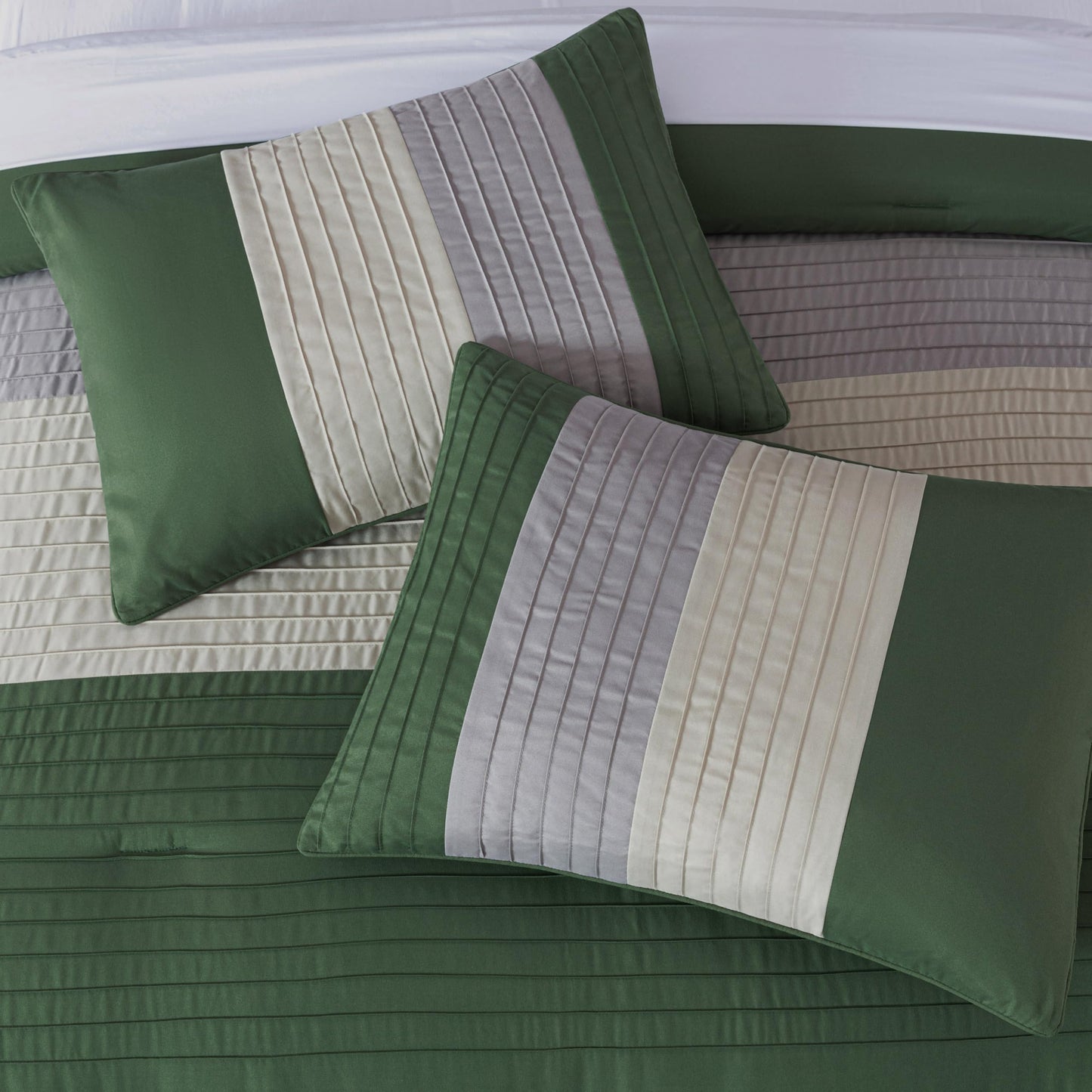 Chezmoi Collection Loft 8-Piece Oversized King Comforter Set, Forest Green/Gray/Cream Luxury Striped Bedding for All Season