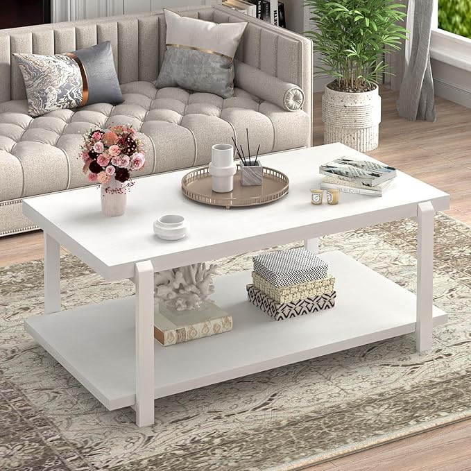 FOLUBAN White Coffee Table, Modern Rustic Wood and Metal Center Table