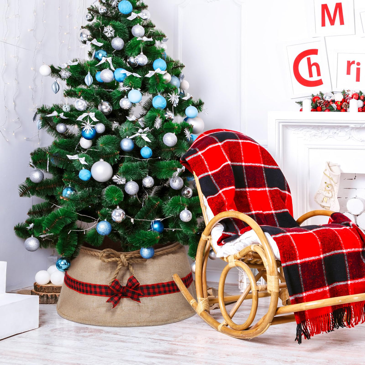Outus Farmhouse Burlap Christmas Tree Collar Rustic Christmas Tree Ring Easy Set Up for Holiday Xmas Decor(Ribbons)