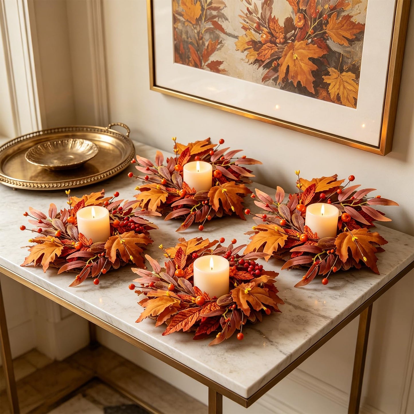 8 Pcs Mini Fall Wreaths Thanksgiving Table Centerpieces Fall Candle Rings 9 Inch Maple Leaf Wreaths for Cabinets Farmhouse Autumn Wreath for Front Door Porch Wall Window Decorations