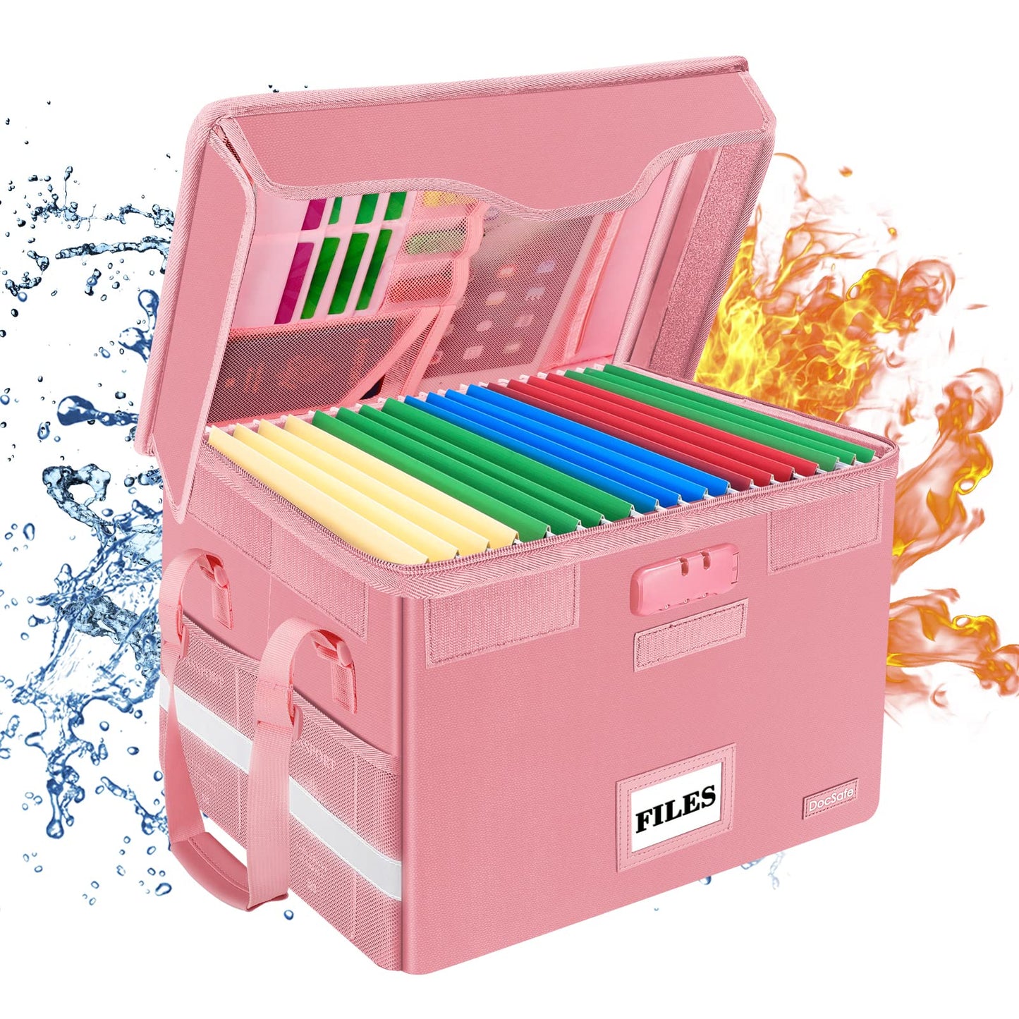 DocSafe Fireproof Document Box with Lock,File Storage Organizer with Zipper Pockets,Collapsible Portable File Box Home Office Safe Filing Cabinet with Handle for Hanging Letter/Legal Folder,Pink