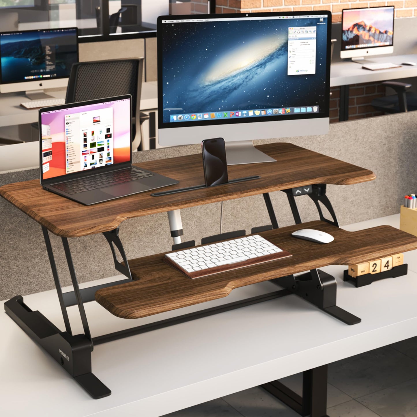 Mount-It! Electric Standing Desk Converter with 38" Tabletop, Height Adjustable Desk Riser, Motorized Desk Riser with Keyboard Tray and Device Slot, Fits Monitor & Laptop, Dark Walnut