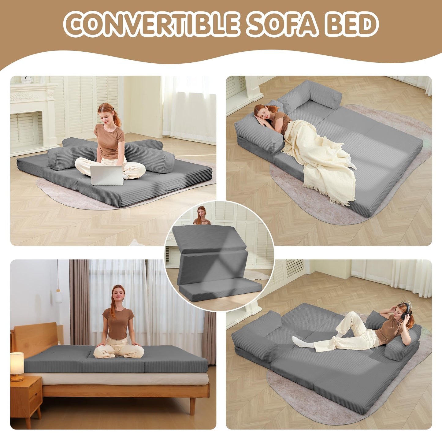 5-in-1 Convertible Sofa Bed,54" Boneless Couch Tri Folding Floor Mattress with Removable L-Shaped Armrests & Handle,Corduroy Futon Couch Sleeper with Pull Out Bed for Living Room Bedroom Apartment