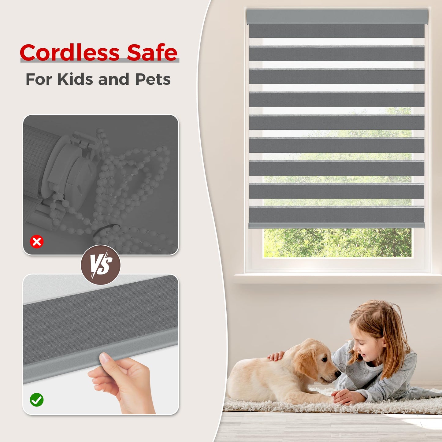 Allesin zen Cordless Zebra Blinds 22" W x 48" H Dark Gray, Dual Layer Day and Night Shades, Room Darkening Blackout & UV Protection, Child & Pet Safe, Easy Install, Home Office Window Treatment