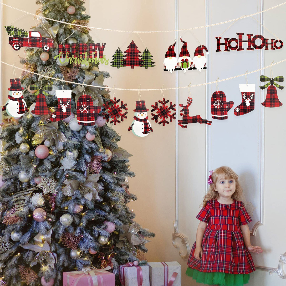 Clearance 18Pcs Christmas Tree Ornaments Buffalo Plaid Merry Christmas Ho Ho Ho Joy Sign Wooden Xmas Red Truck Gnomes Snowflake Snowman Reindeer Bell Sock Glove for Holiday Party Decorations Supplies