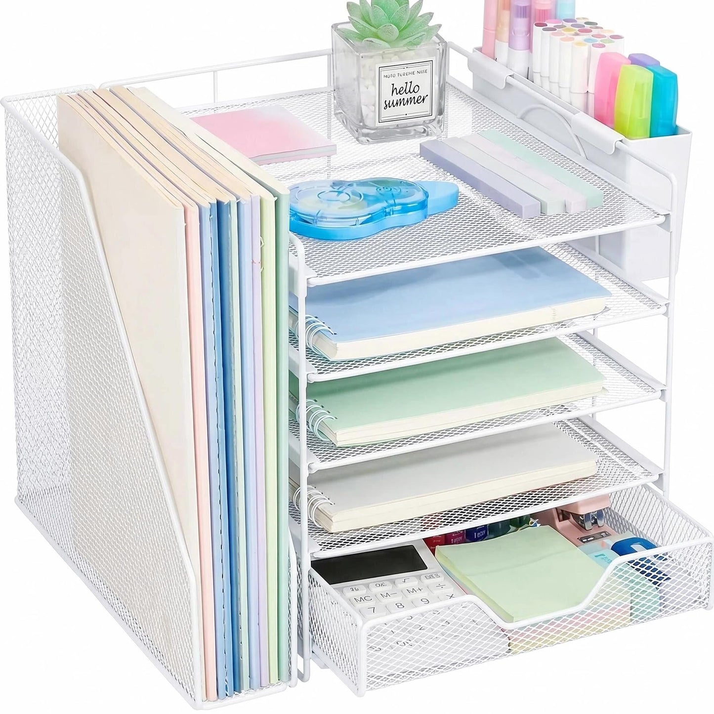 Gugsey Desk Organizers and Accessories, 5-Tier Paper Letter Tray Organizer with File Holder, Drawer & Pen Holder, Office Desk Accessories, Desktop Organizer for Classroom Office Supplies, White