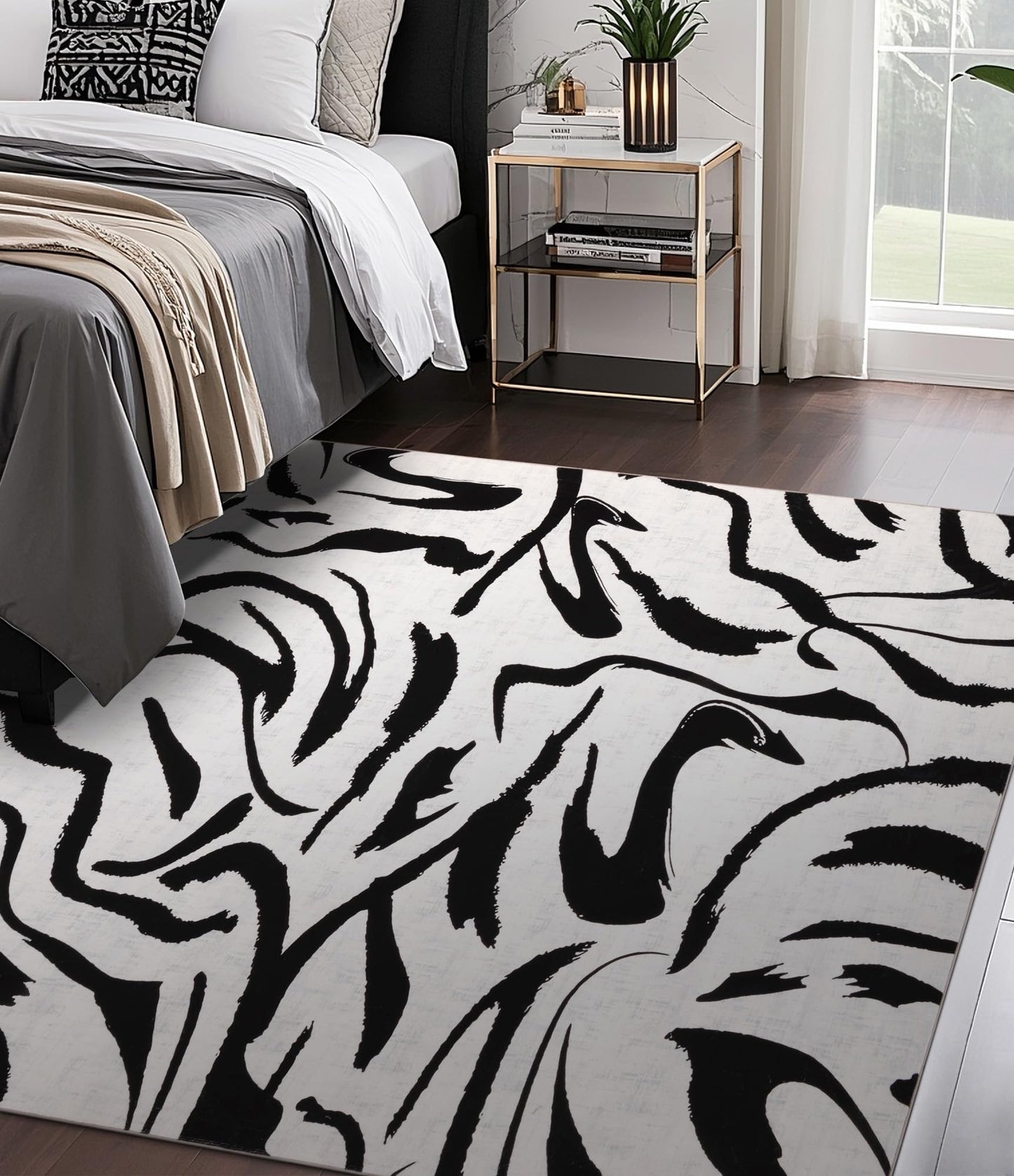 YIHOUSE Modern Area Rugs for Bedroom,5x7 Washable Black and White Rug, Thin Abstract Geometric Minimalist Striped Rug, Black Rugs for Bedroom,Kitchen,Dining Room Office
