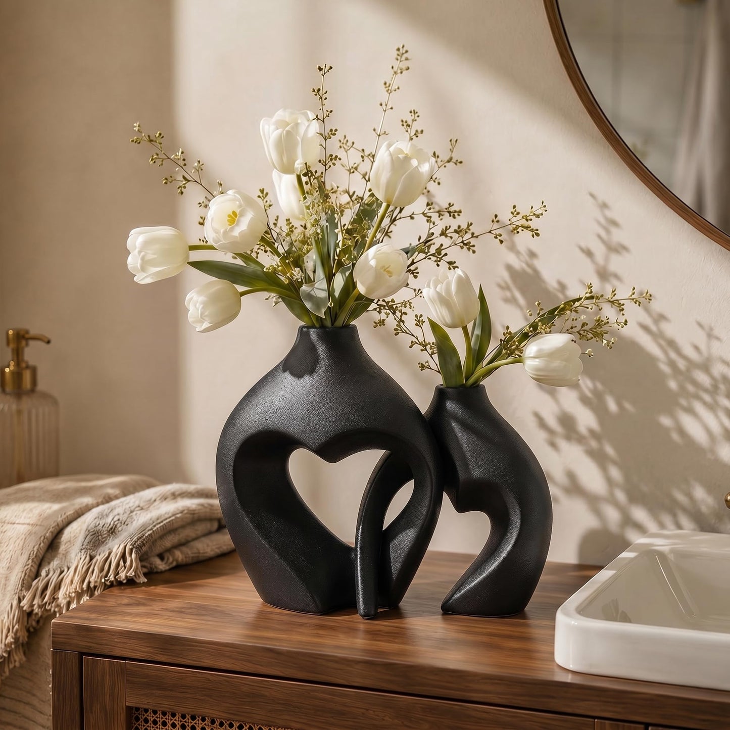 Black Ceramic Flower Vases Home Decor Heart Shaped Vase Set of 2