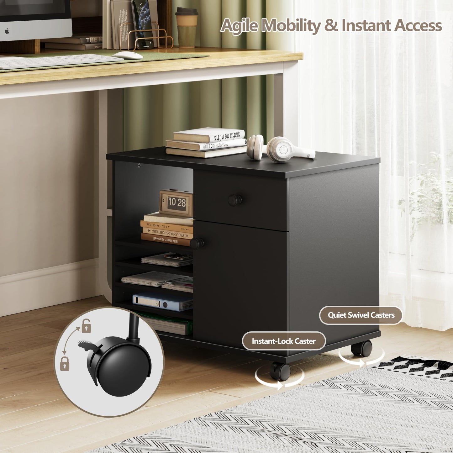 Quikraen Wooden Rolling File Cabinet Black Mobile Lateral Office Filing Cabinets with Doors and Open Adjustable Shelves Lateral Printer Stand with Drawer for Office Supplies