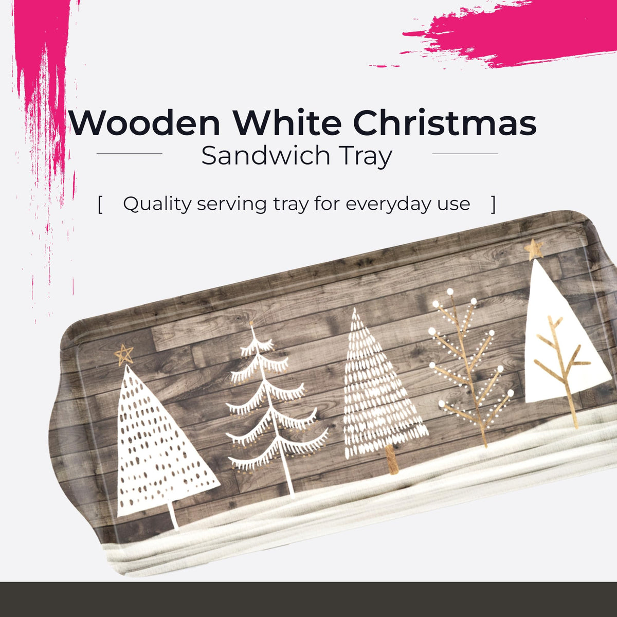 Pimpernel Home Collection Rectangular Melamine Tray – (15" x 6.5") Lightweight Serving Platter with Wood Finish & White Evergreen Design, Decorative Accent for Tabletop, Dining & Entertaining
