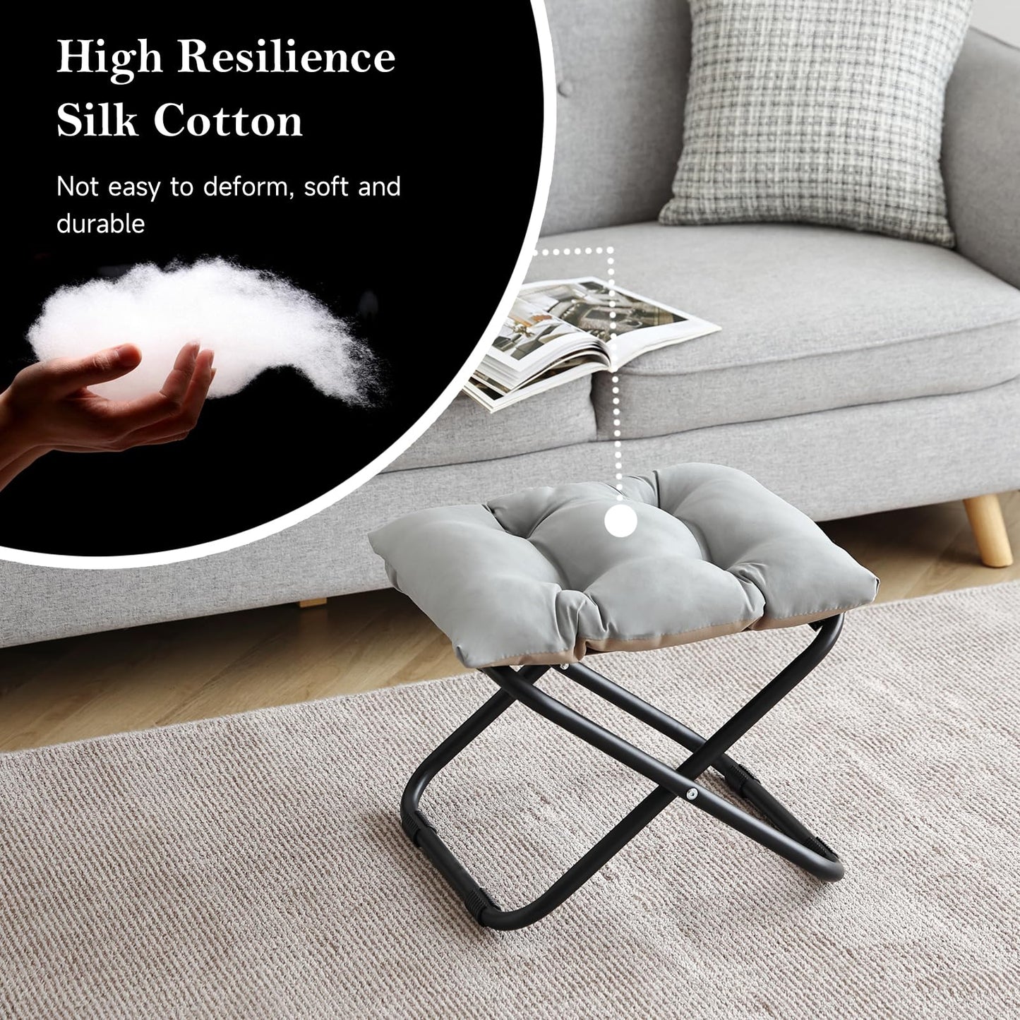 Welnow Folding Foot Stool, Upholstered Small Accent Ottoman with Detachable Thick Cotton Cushion, Padded Sofa Stool with Straight Metal Legs for Lazy Chair, Living Room, Bedroom, Light Grey
