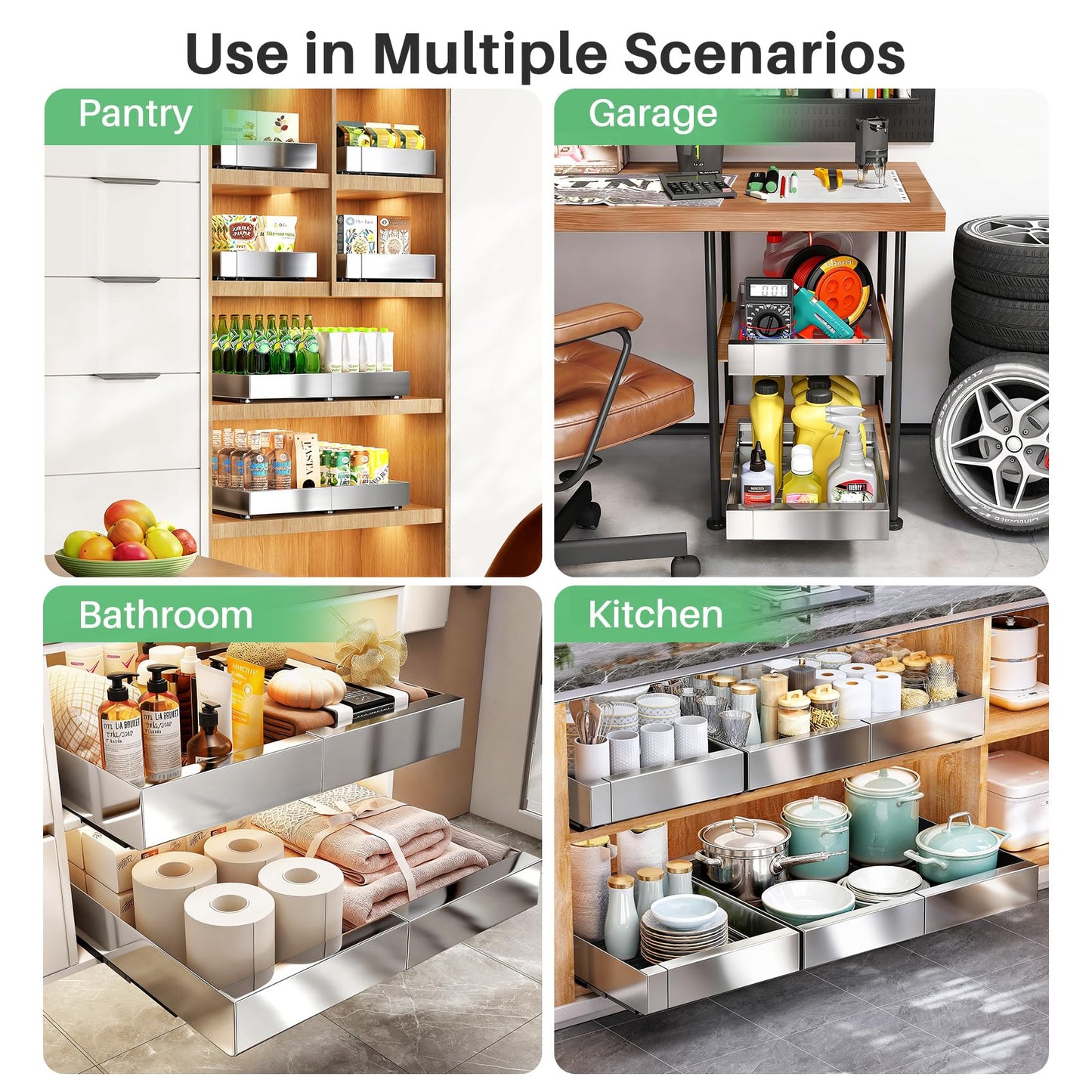 Pull out Cabinet Organizer, Stainless Steel Expandable(12"-20") Heavy Duty Slide out Drawers Fixed with Adhesive Nano Film for Pots, Roll out Shelf Storage for Kitchen Base(Silver-2pcs)(3 Rails)