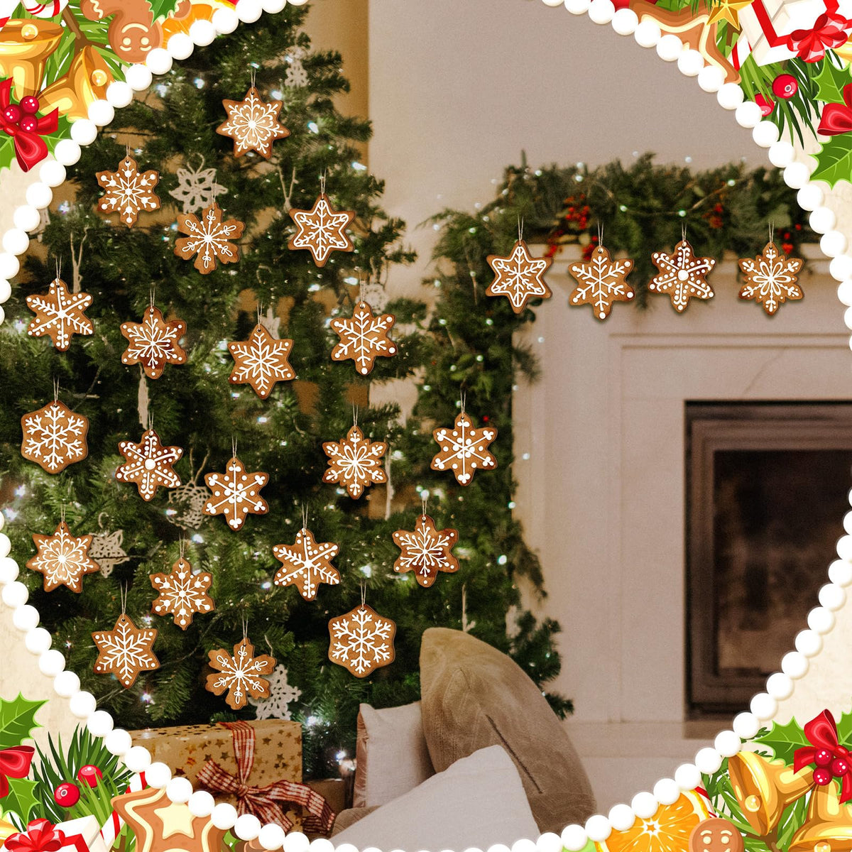 Quzzil 36 Pcs Christmas Gingerbread Ornaments for Tree Mini Snowflake Wooden Hanging Winter Xmas Ornaments with Ropes for Christmas Party Holiday Winter Crafts