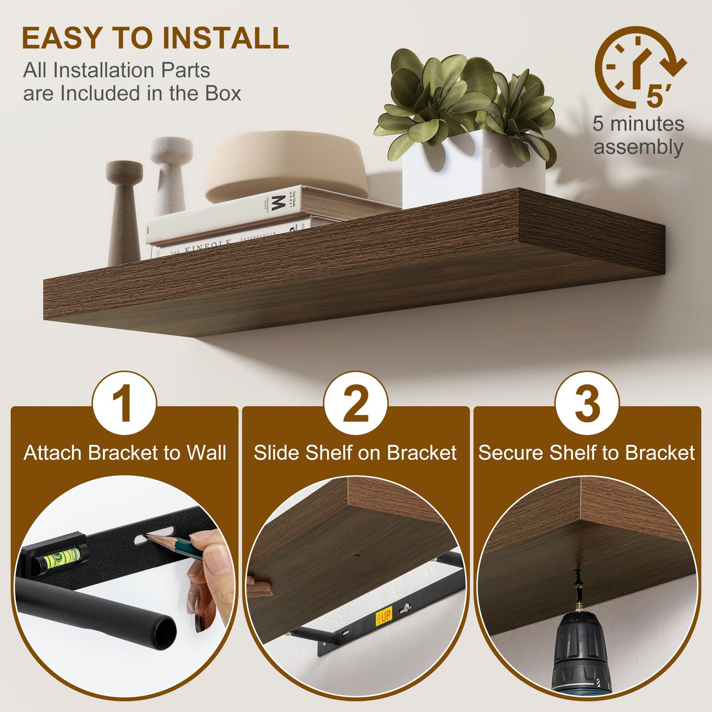 Fun Memories Floating Shelves for Wall, 20 Inch Floating Shelves Set of 2, Hanging Shelf with Invisible Brackets, Wood Shelves for Living Room, Bedroom, Kitchen, Walnut