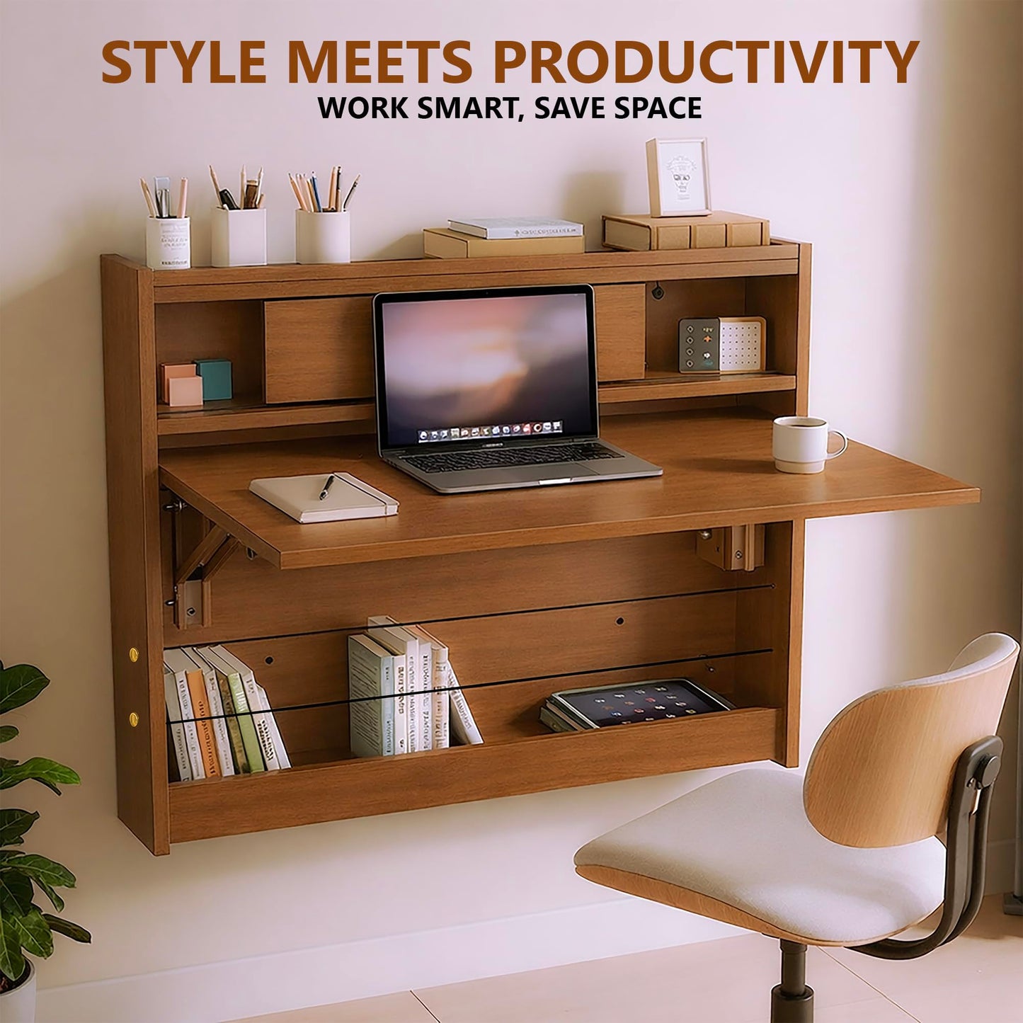 GOOTRY Wall Mounted Desk 31 Inches, Folding Table with Shelves, Space Saving Computer Desk, Floating Table, Multi-Purpose Folding Desk Perfect for Workstations, Dining, or Laundry Area.