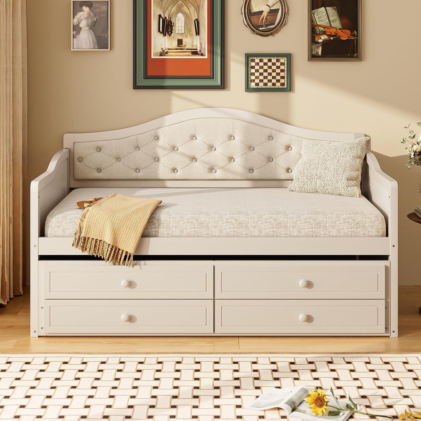 NCKMYB Multifunctional Twin Daybed with Trundle, Wood Sofa Bed with 2 Storage Drawers and Upholstered Back, Space Saving for Small Rooms, Guest Room, Dorm (Beig)