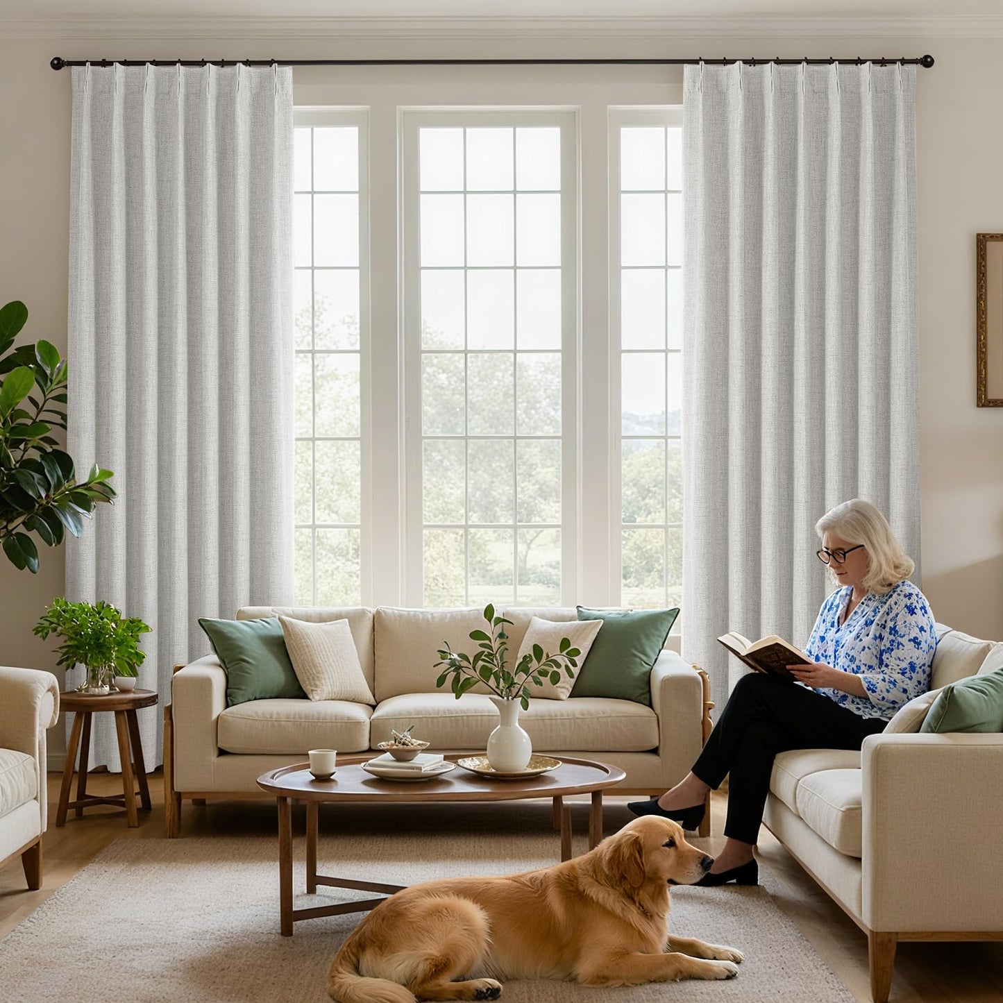 Joydeco Pinch Pleated Curtains - 100% Blackout for Bedroom, White Linen Curtains 40" W x 90" L, Thermal Insulated 2 Panels Light Blocking Drapes, Back Tabs for Living Room
