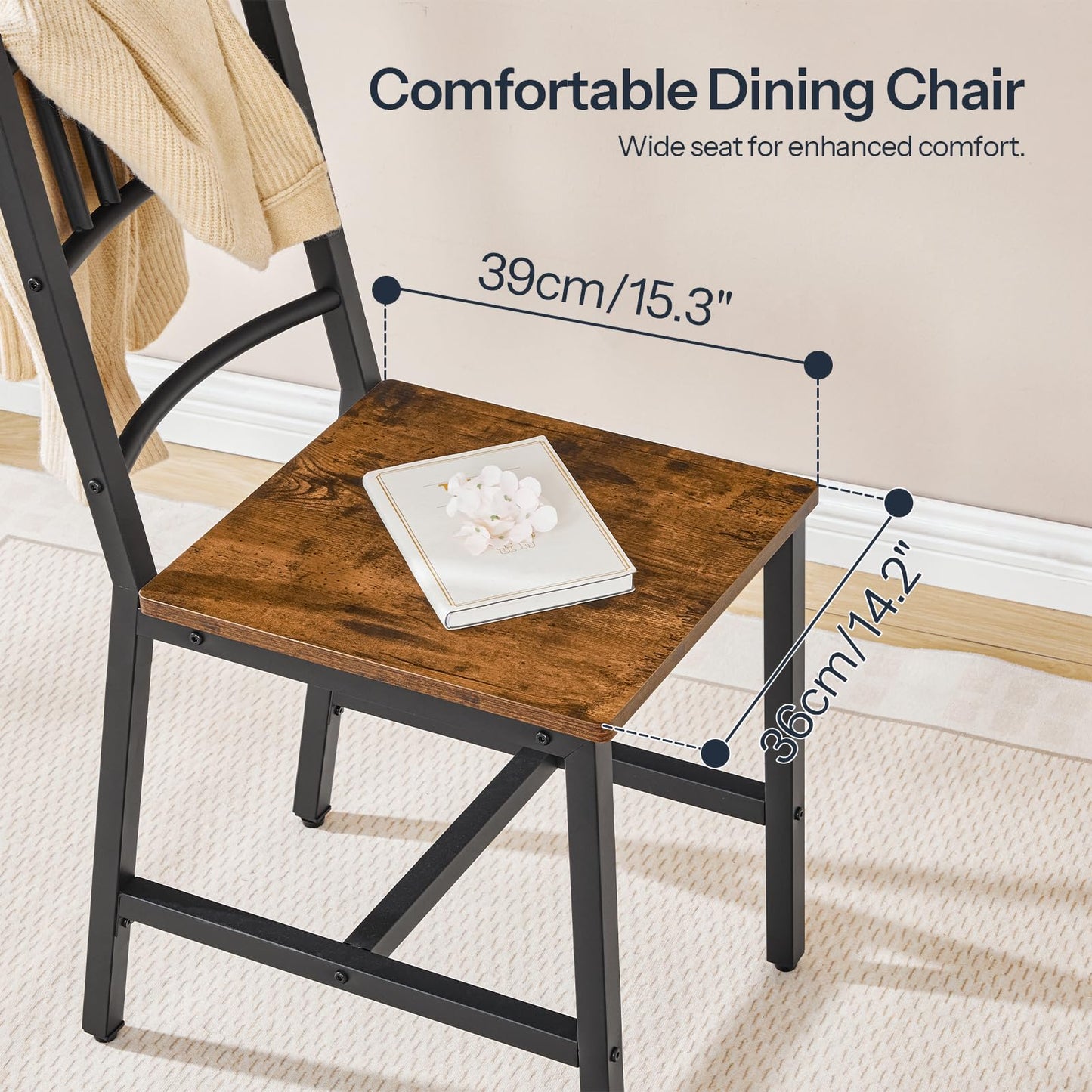 HOOBRO Dining Chairs Set of 4, Wooden Kitchen Chairs with Metal Frame, Industrial Dining Chairs with Back, Easy to Assemble, Farmhouse Dining Chairs for Living Room, Rustic Brown and Black BF39CDP401