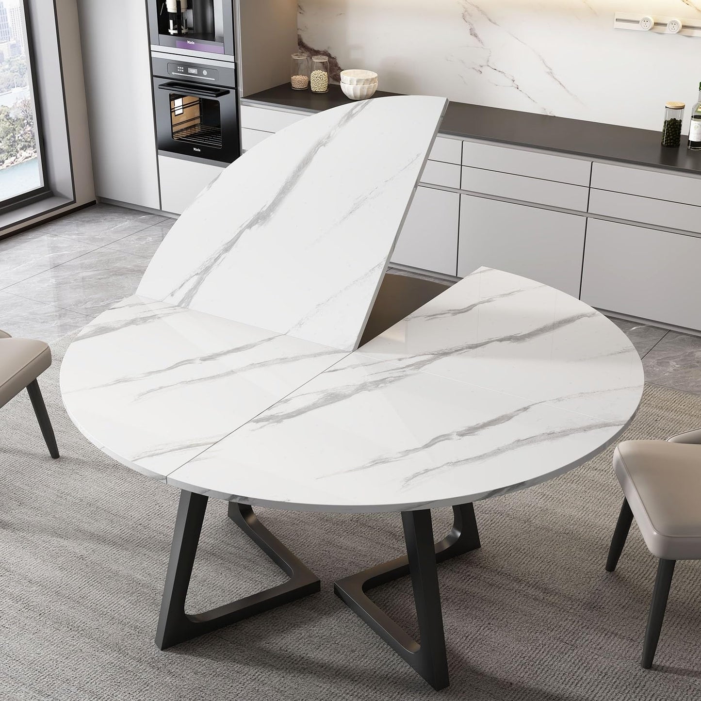 Wood Round Foldable Table Top Only Large Portable Tabletop for Desktop Transformation 47 51 55 59 63 71 inch 4-Fold Folding Round Table Top Extender Space Saving for Family Dinners(White Marble,59")