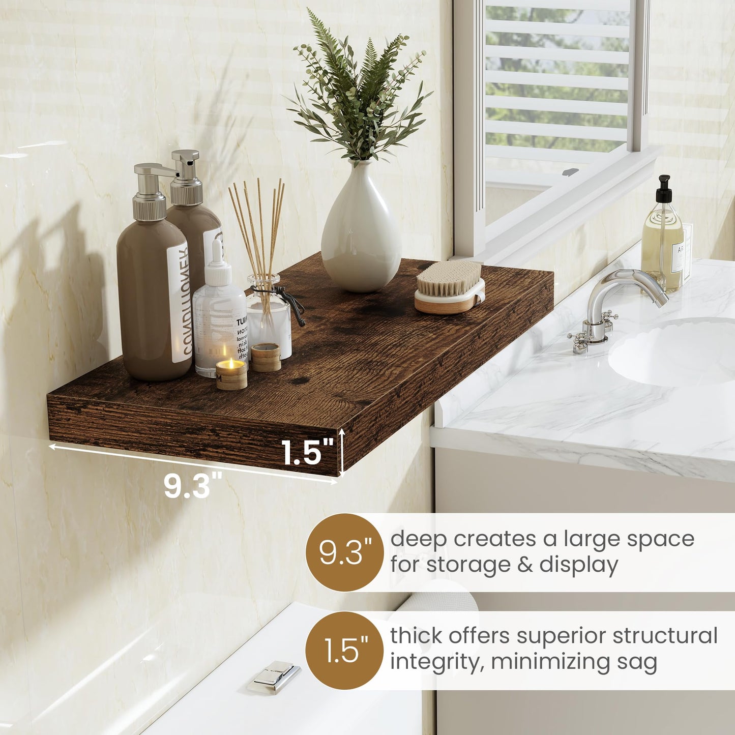 Fun Memories 36 Inch Long Floating Shelves for Wall, 9.3 Inch Deep Floating Shelf, 2 Packs Long Shelves for Bathroom, Living Room, Bedroom, Wall Mounted Storage Shelf for Books Decor, Rustic Brown