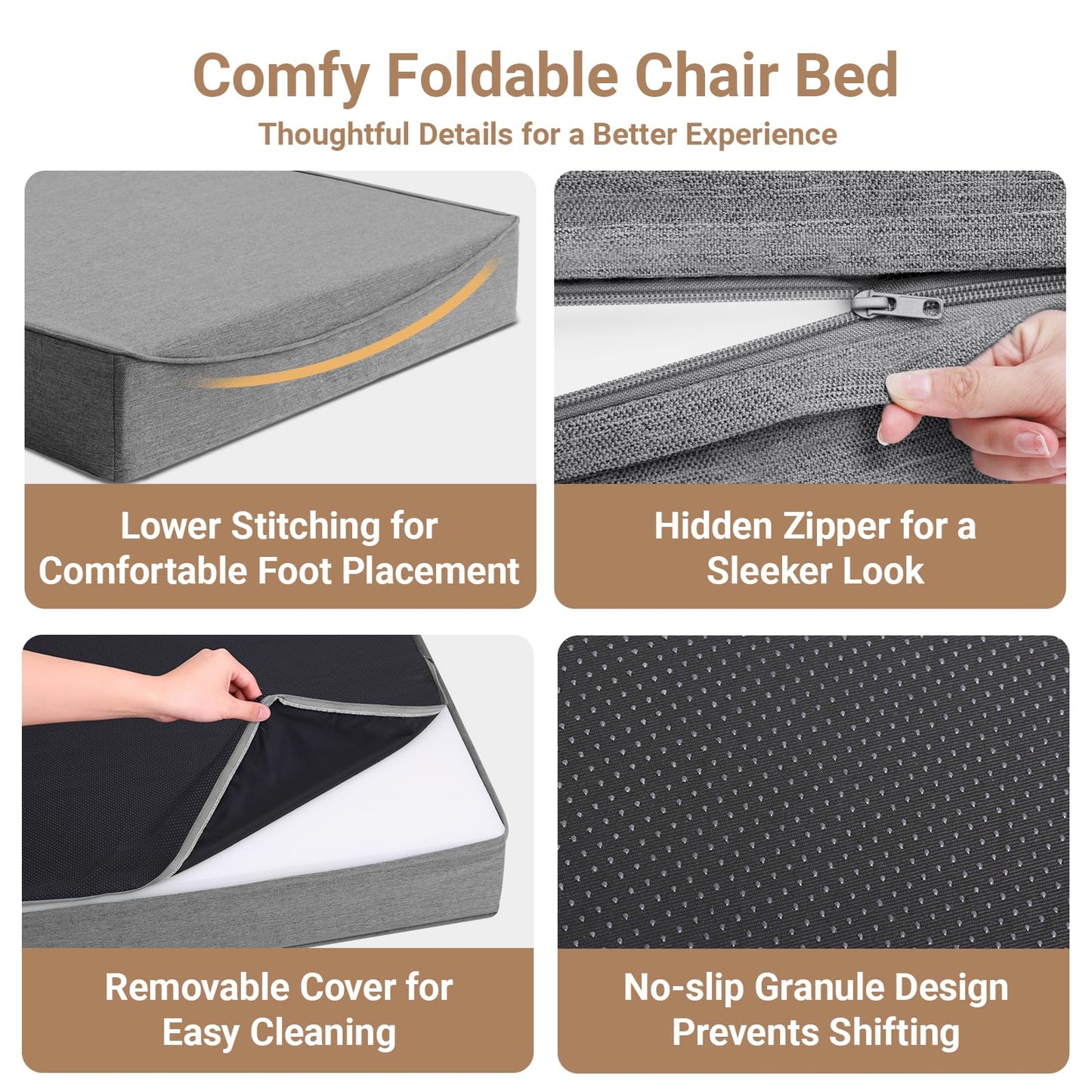 BeBen Folding Sofa Bed Chair, Convertible Sleeper Chair Futon Couch, Foldable Boneless Floor Lounge Sofa, Twin Foam Chair Bed for Small Spaces, Dorm, Guest Room, Living Room, Apartment, Dark Grey
