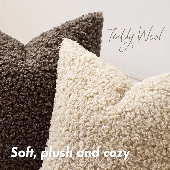Faux Fur Throw Pillow Covers 24x24 Inch Set of 2 Boucle Neutral Decorative