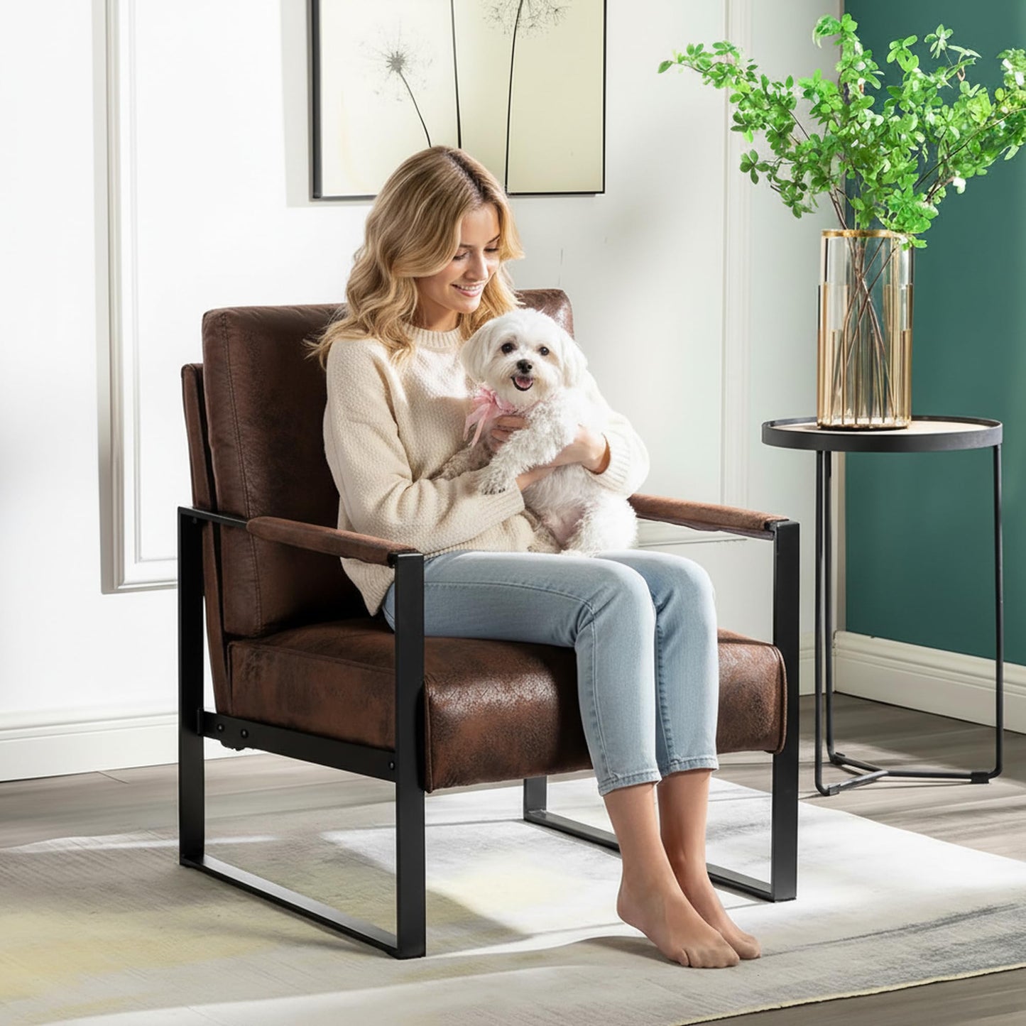 Container Furniture Classic Mid Century Modern Accent Chair with Durable Square Metal Frame, Armchair for Living Room, Bedroom, Home Office in Spotted Microfiber Upholstery, Brown