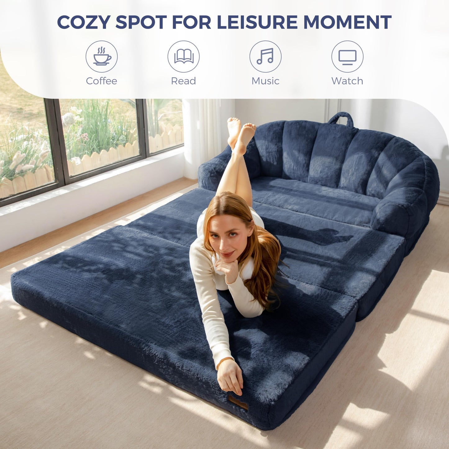 MAXYOYO Folding Sofa Bed, 2 in 1 Convertible Sofa to Lounger Comfy Loveseat Bean Bag Chair for Adults, Floor Couch with Handle, Faux Fur Couch Bed for Living Room Bedroom, Navy, Loveseat