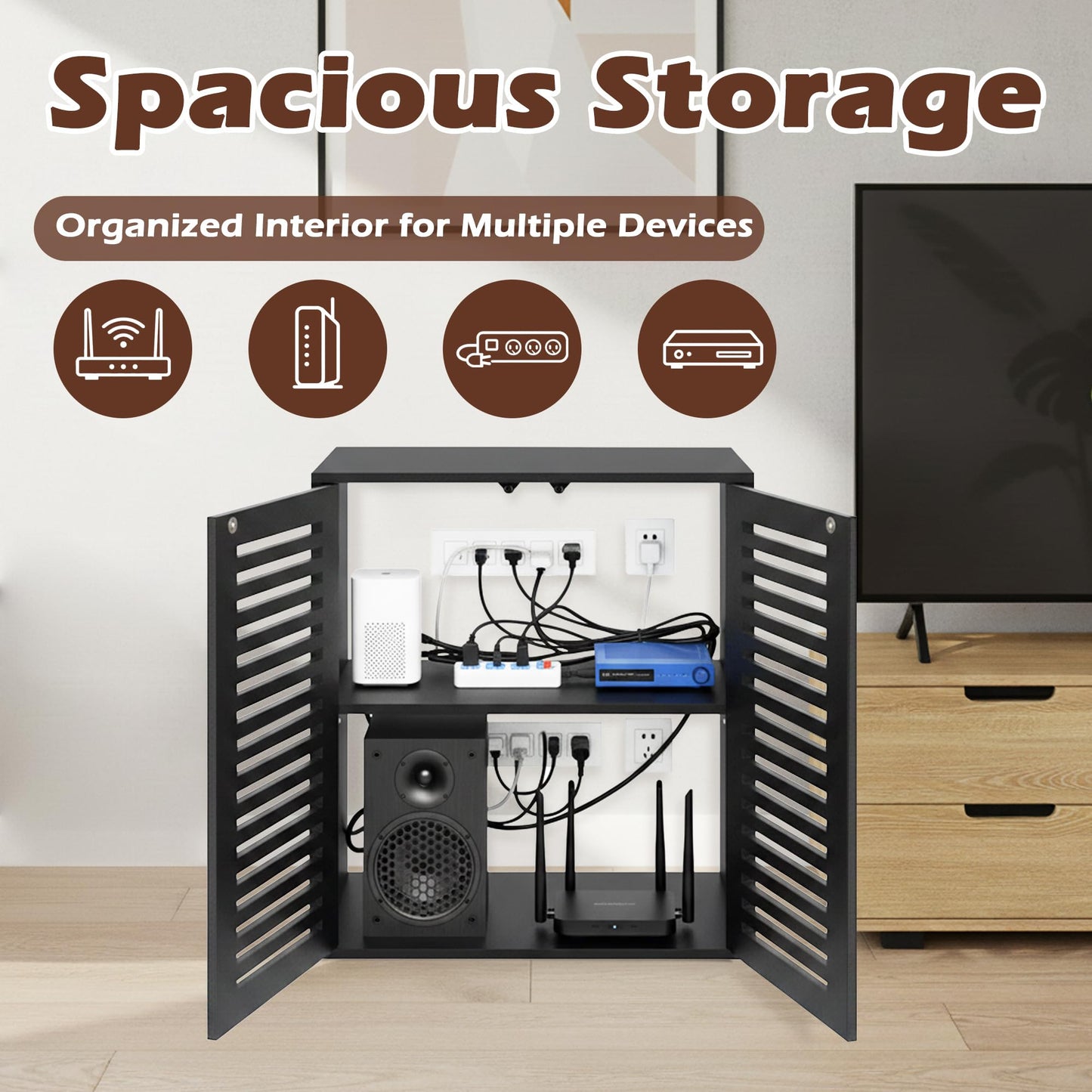 WiFi Router Storage Cabinet, Floor Standing Router Storage Box Modem, Multi-Functional Router Storage Box, Power Strip and Cable Management Hider Organizer for Living Room, Office, Bedroom, Black