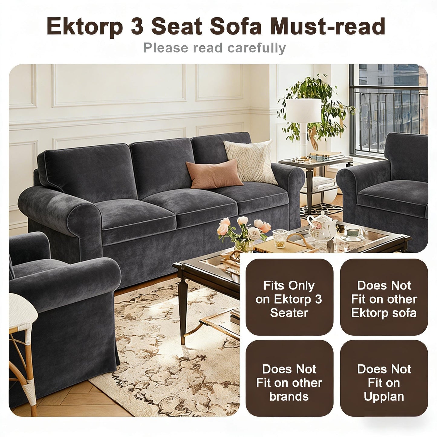 Velvet Pet-Friendly Replacement Sofa Cover Compatible for IKEA Ektorp 3 Seat Sofa Slipcovers, Couch Cover Only, 7-Piece Slipcover, Grey, Couch Cover Not Include The Sofa Body