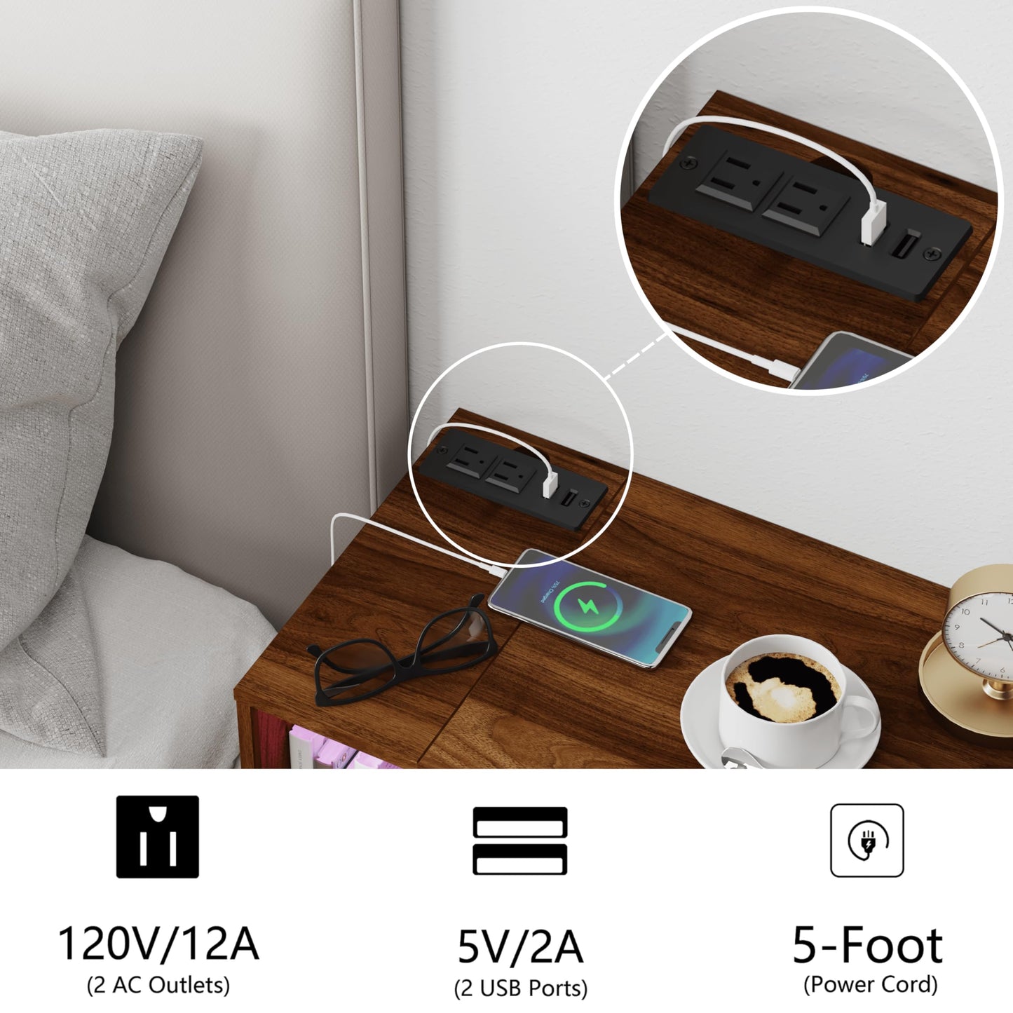 Veegle Floating Nightstand with Charging Station and LED Lights, Walnut Brown
