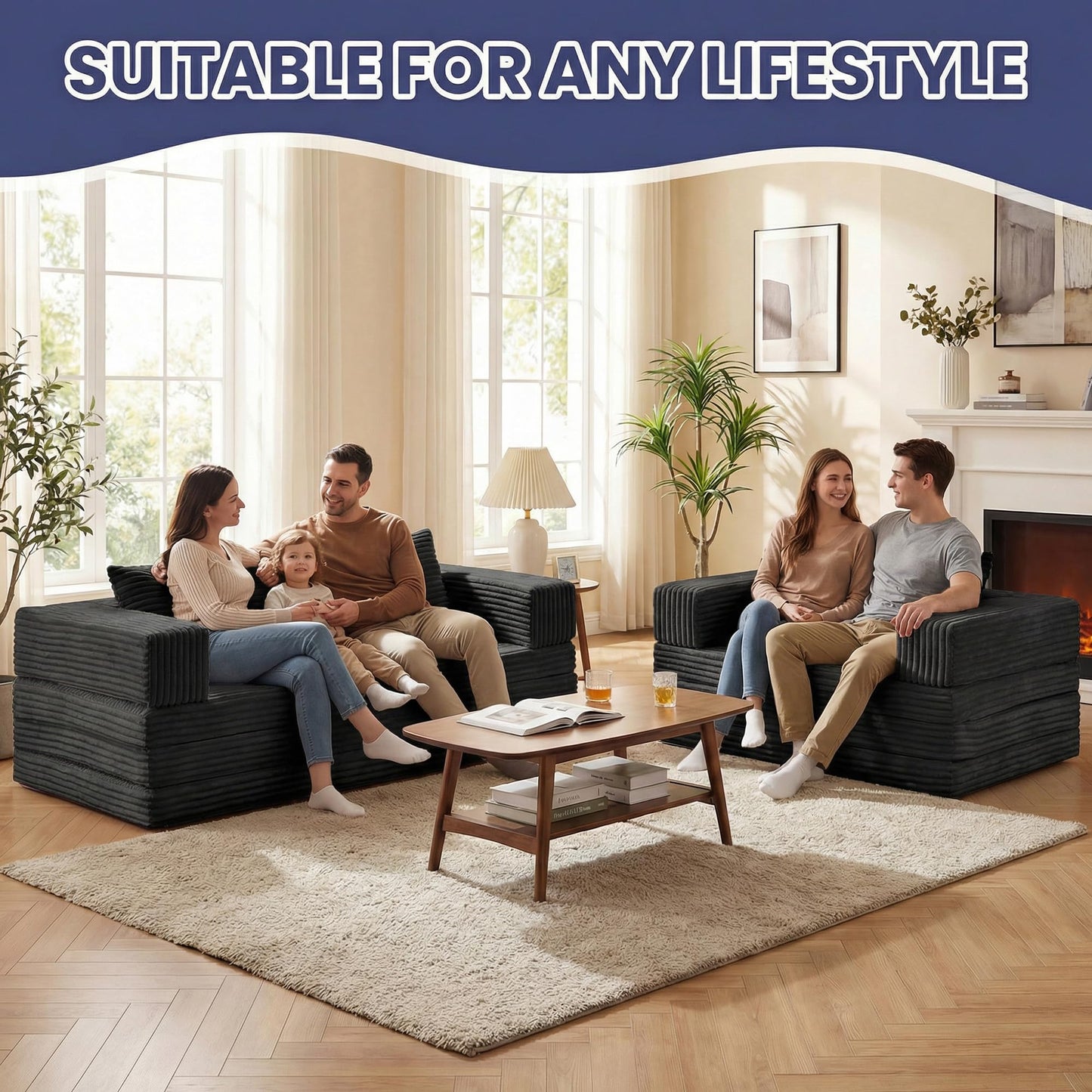 Winzoo Convertible Sofa Bed, 4-in-1 Boneless Loveseat with Removable Armrests Backrest, Corduroy Futon Couch Bed with Pillow, Foldable Mattress Sleeper Sofa for Living Room Bedroom Small Place (Black)