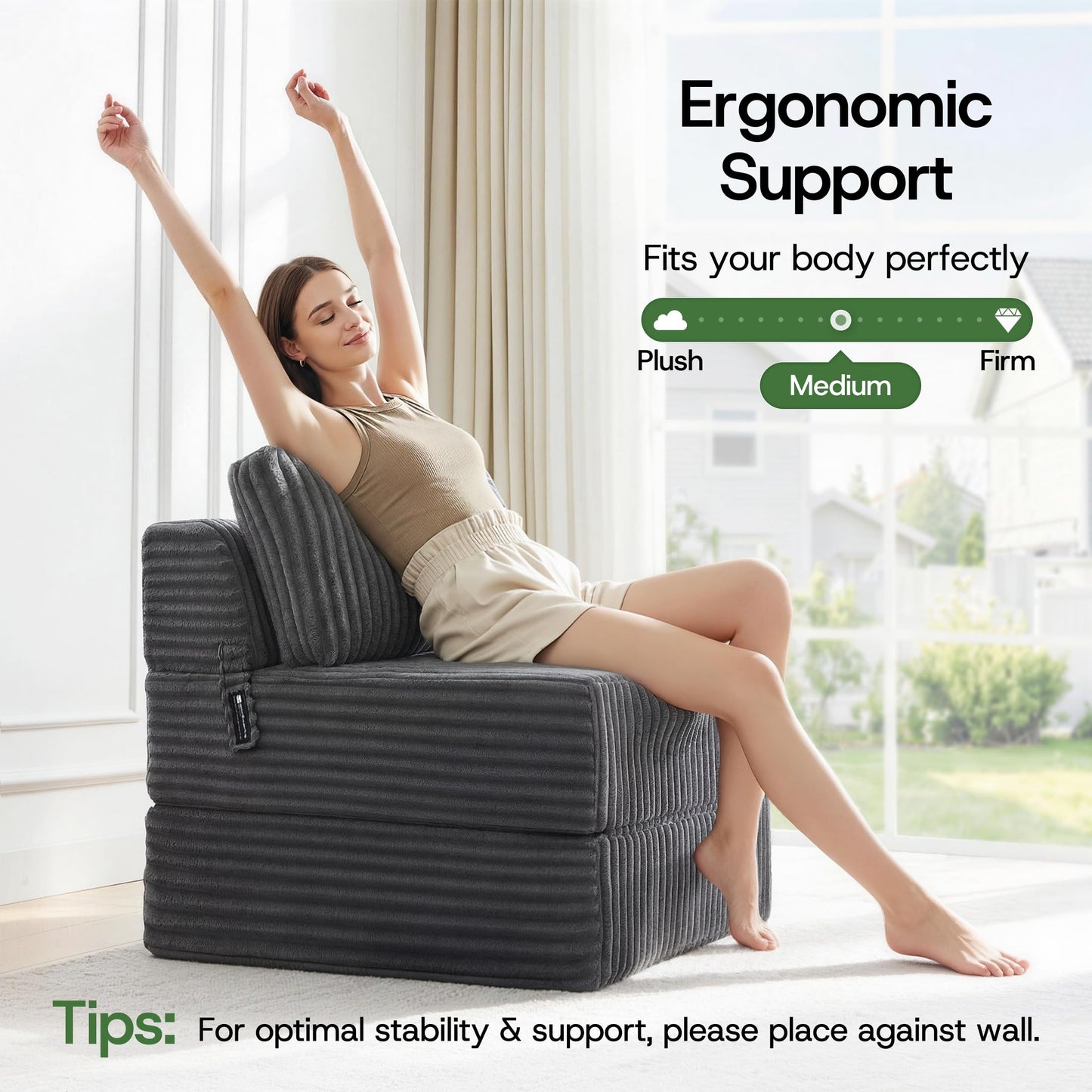 MEGAYES Convertible 4-in-1 Folding Sofa Bed Boneless Sleeper Chair Couch Foldable Chaise Lounger & Mattress Pocket Coils+Foam Medium Support, Portable No Assembly for Living Room/Bedroom, Single XL