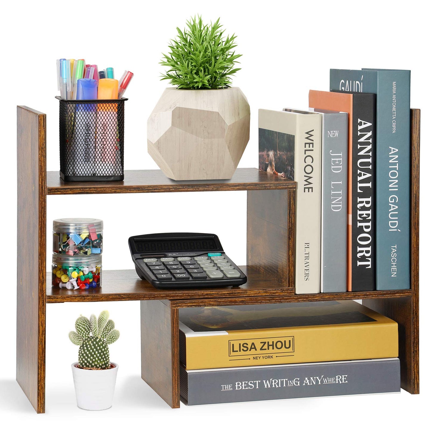 Sorfity Expandable Wood Desktop Bookshelf Desktop Organizer Office Storage Rack Wood Display Shelf, Counter Storage Rack Top Bookcase - Freestyle Display Natural Stand Office Supplies Desk Organizer