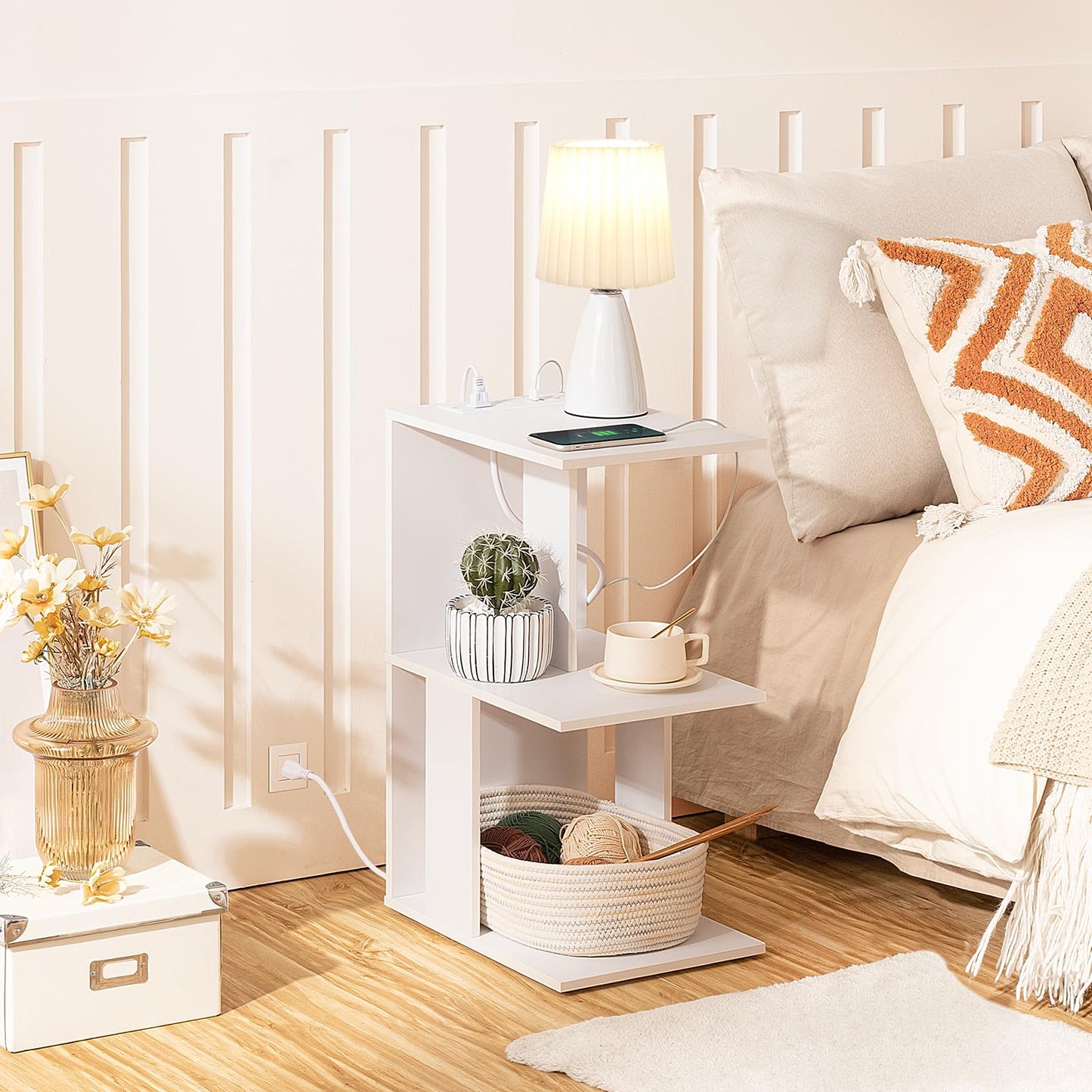 MAHANCRIS End Table with Charging Station, C-Shaped Narrow Side Table, White Nightstand with Storage, Narrow Bedside Table for Small Spaces, End Tables Living Room, Bedroom, Easy Assembly, ETWT18E01Z