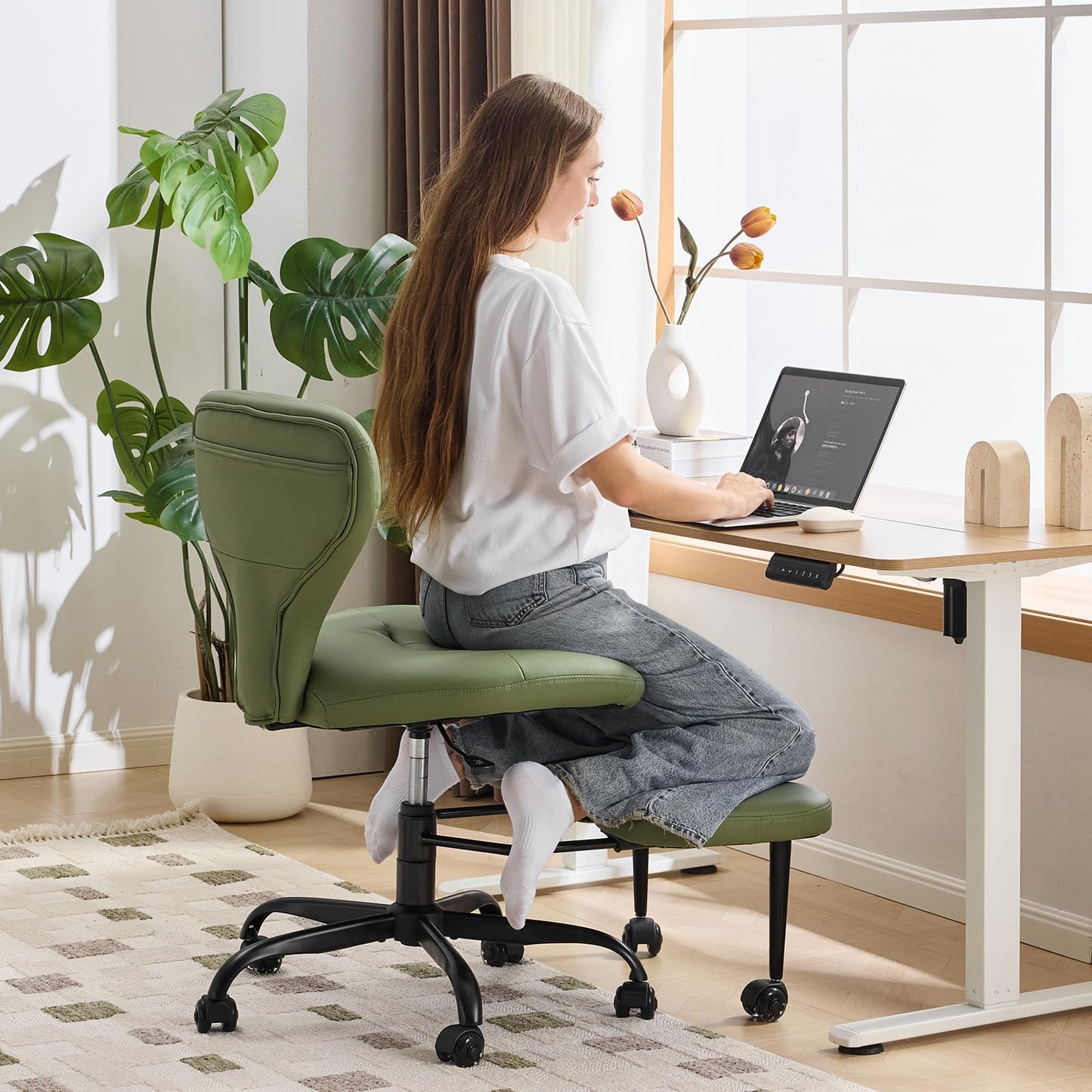 YFO Ergonomic Cross Legged Office Chair and ADHD Meditation Chair with Silent Wheels for Home Office Desk Chair and Yoga, Wider Backrest Support and Storage Pockets Design, PU Leather, Green
