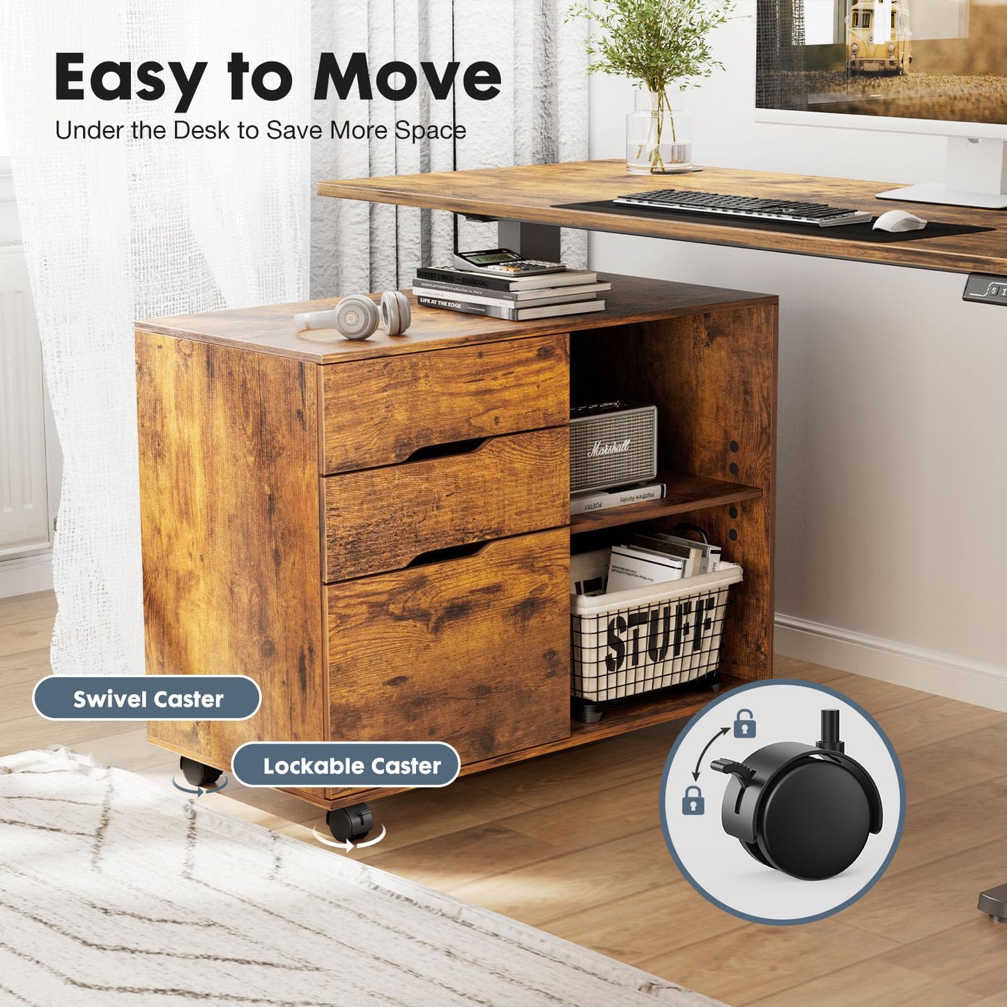 DUMOS Lateral File Cabinet with 3 Drawers Rolling Filing Cabinets Under Desk Storage Printer Stand Wood Organizer with Wheels Adjustable Shelf for Office Home Small Space, Brown