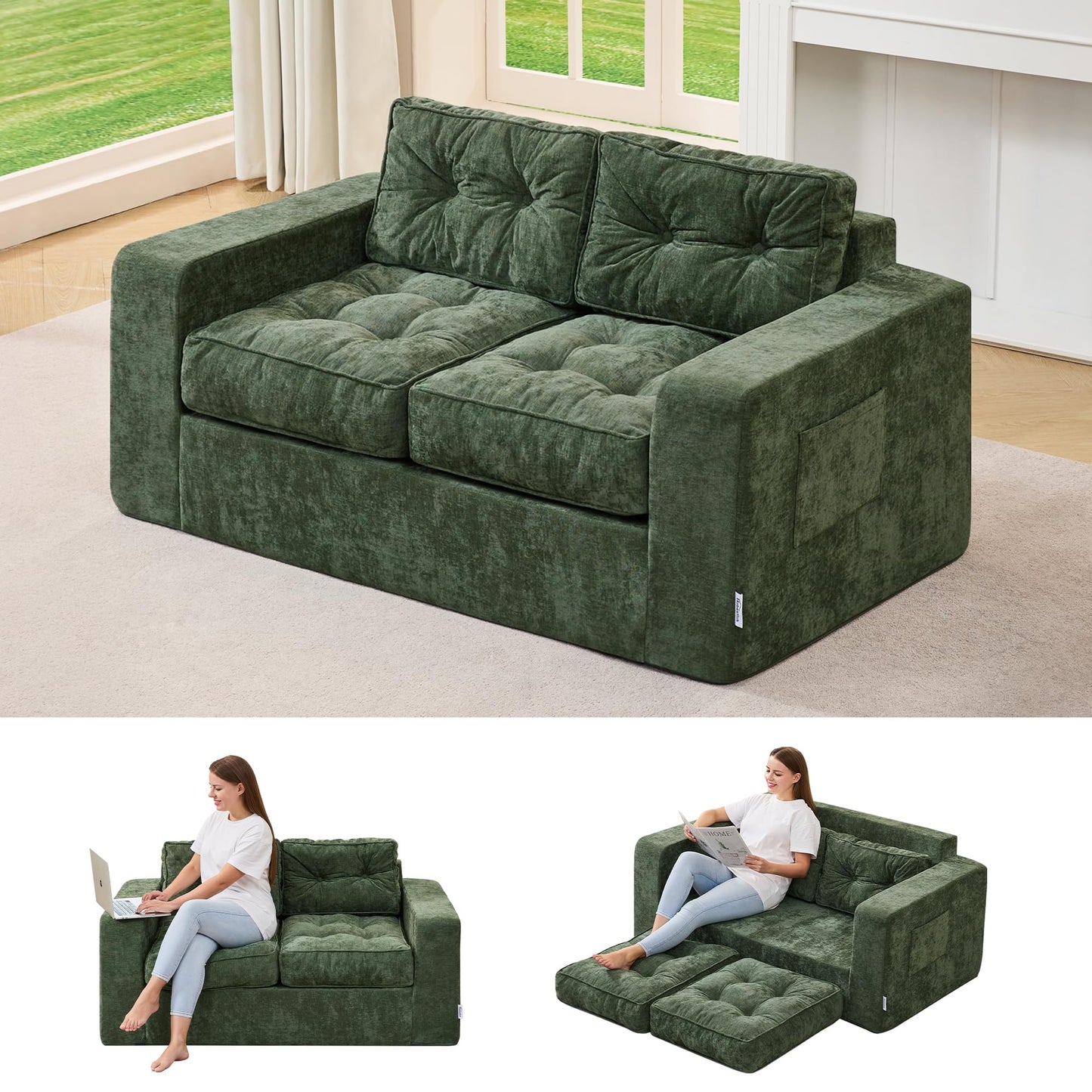 Hobestluk Sofa Couch Loveseat Sofa with Chenille Fabric 2-Seater Sofa for Small Spaces Comfortable Foam Floor Sofa 2 in 1 Boneless Couch for Living Room Bedroom Apartment or Office (Green, Loveseat)