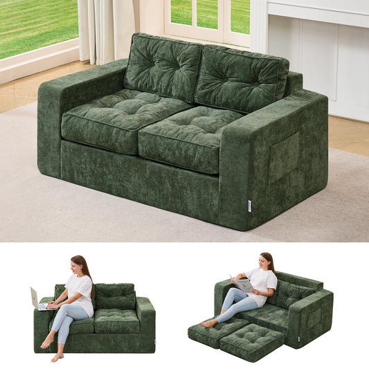 Hobestluk Sofa Couch Loveseat Sofa with Chenille Fabric 2-Seater Sofa for Small Spaces Comfortable Foam Floor Sofa 2 in 1 Boneless Couch for Living Room Bedroom Apartment or Office (Green, Loveseat)