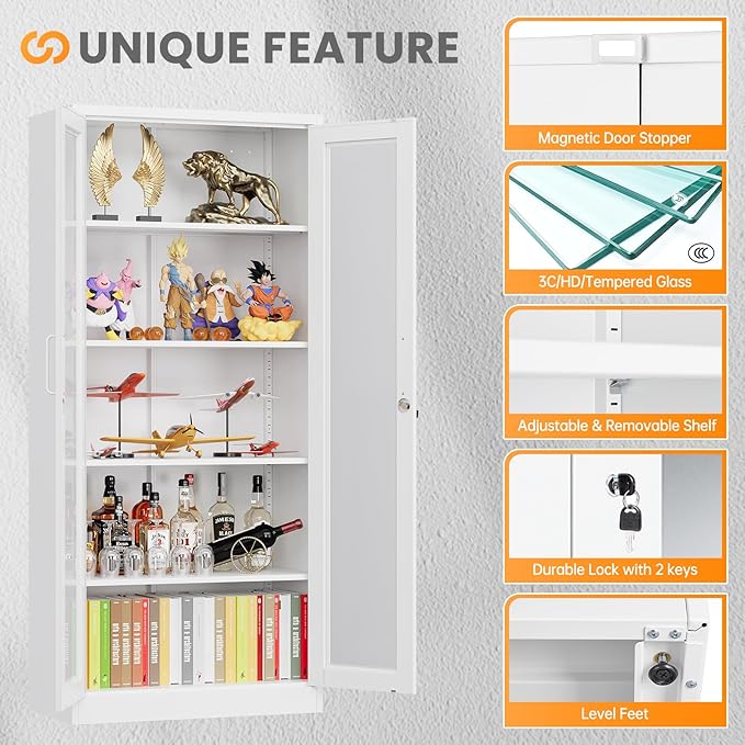 Locking Display Cabinet with Glass Door, 71”H Metal Curio Cabinets with