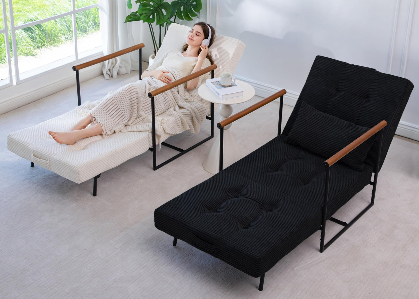 MAXYOYO Convertible Chair Bed, Folding Lounge Chair with Adjustable Backrest, Versatile Folding Sofa Bed, Tufted Corded Upholstered Chair with Frame, Adjustable Recliner Chair for Living Room, Bedroom