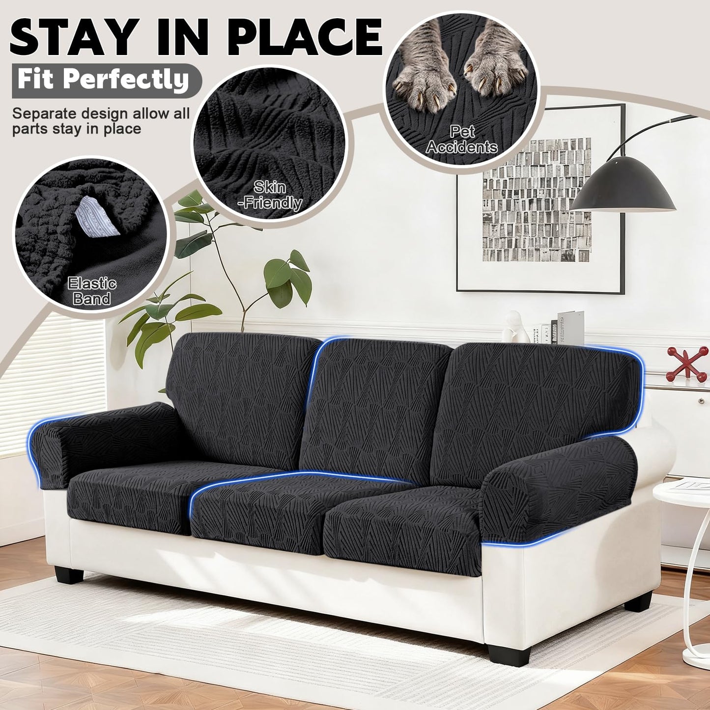 VANSOFY Couch Cushion Covers for Sectional Sofa, Stretch Jacquard Couch Seat Cushion Covers, Individual Washable Furniture Protector Sofa Slipcovers for Pet (3Pc Seater or Back Cover, Black)