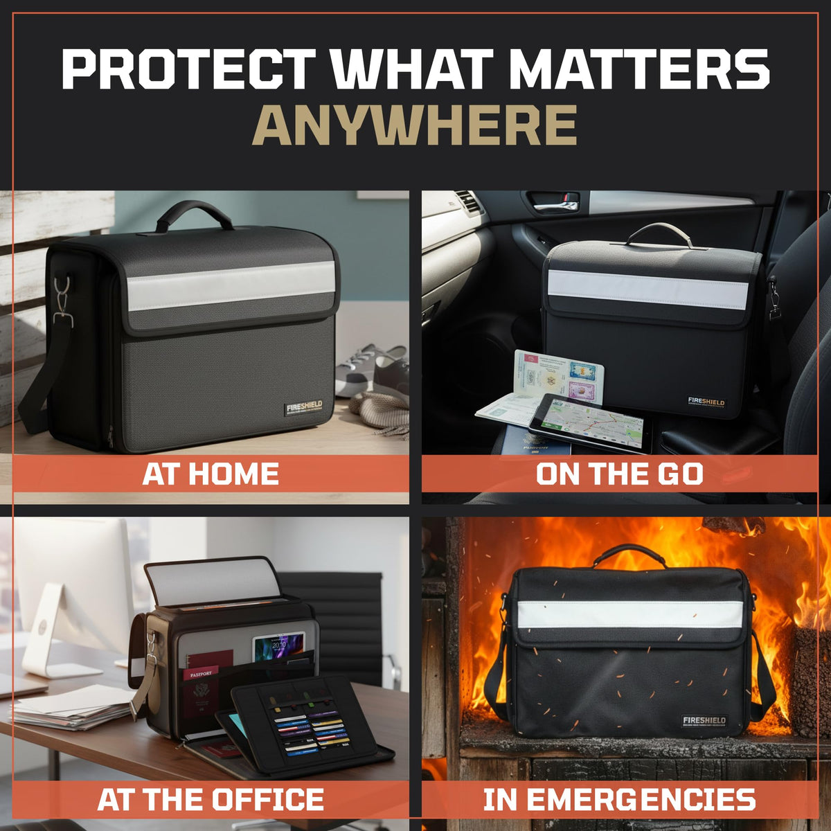 FIRESHIELD PRO 5200°F Fireproof Document Bag – Portable Water Resistant Briefcase /w Shoulder Strap, Tablet & Card Organizer – Multi-Pocket Storage for Travel, Home or Office – 17" x 12.5" x 7.2"