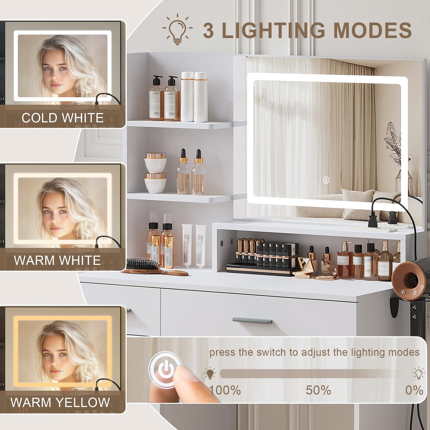 ProsperHaven Vanity Desk with LED Mirror and Lights, Makeup Vanity Table with Power Outlet, Drawers, Cabinet, Dressing Table with Open Storage Shelves for Bedroom, Dressing Room, White