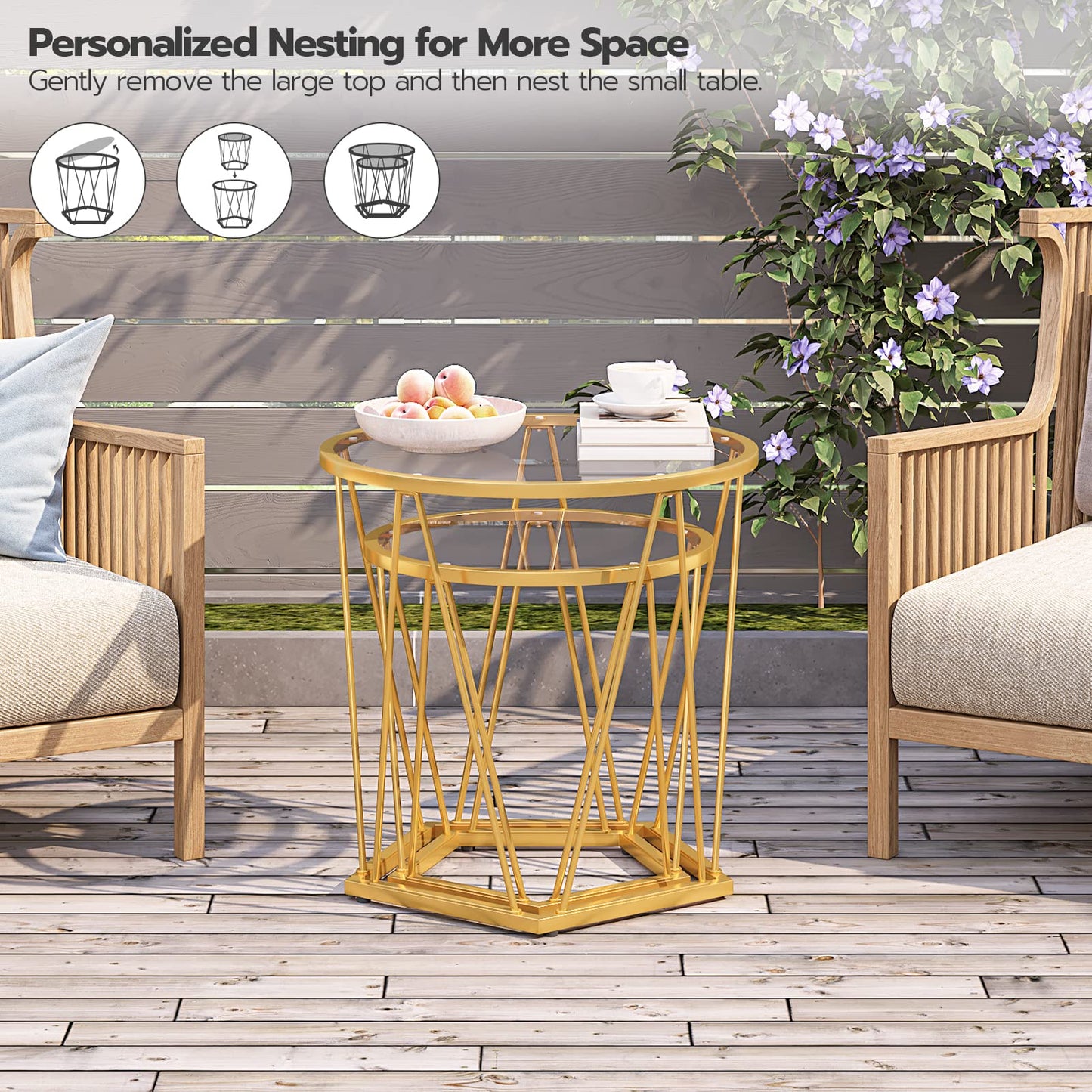 HOOBRO Small Coffee Table Set of 2, Round Coffee End Table with Metal Frame, Glass Tabletop, Gold Side Table for Living Room, Bedroom and Balcony, Modern Style, Gold GD79BZ01