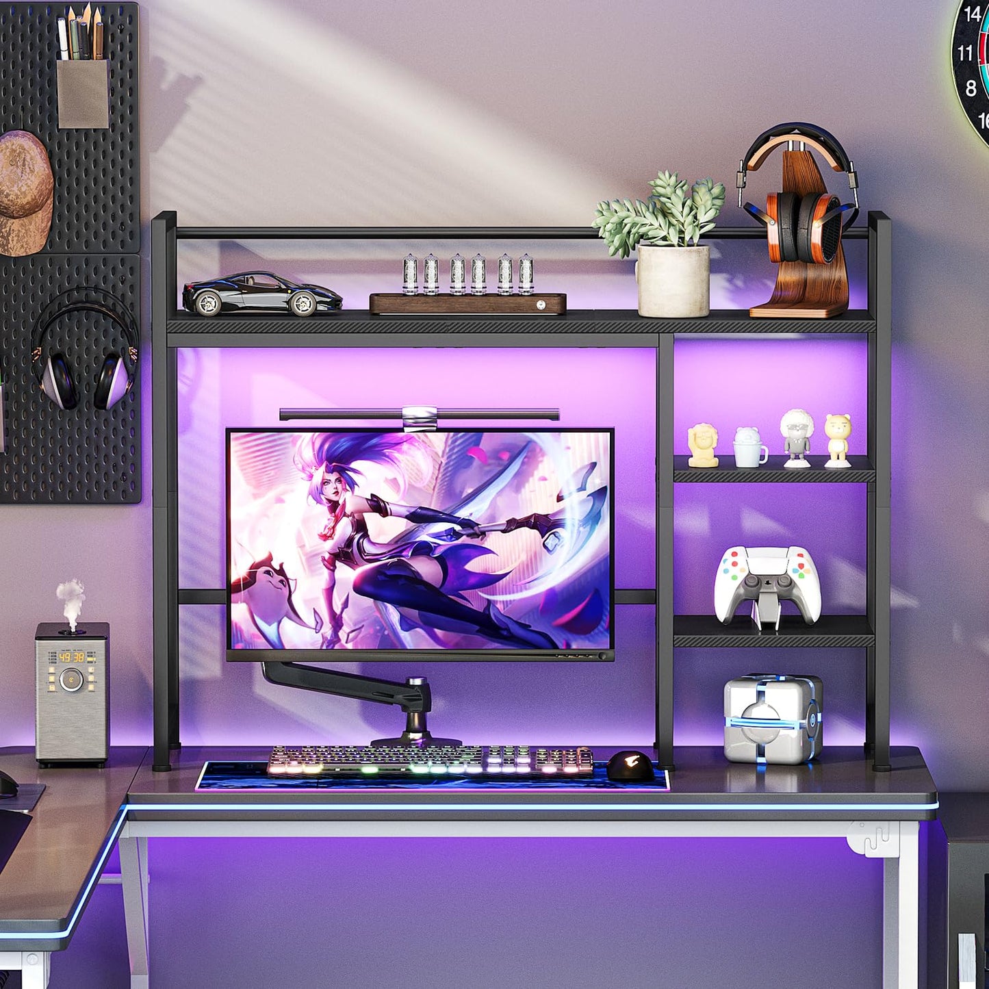 Snughome Desk Shelf with LED Strip, 38.6" Desktop Organizer Shelf, Desk Hutch for Computer Monitor, 4 Tier Desk Display Rack, Wood Desktop Bookshelf Storage Rack for Home Office Dorm